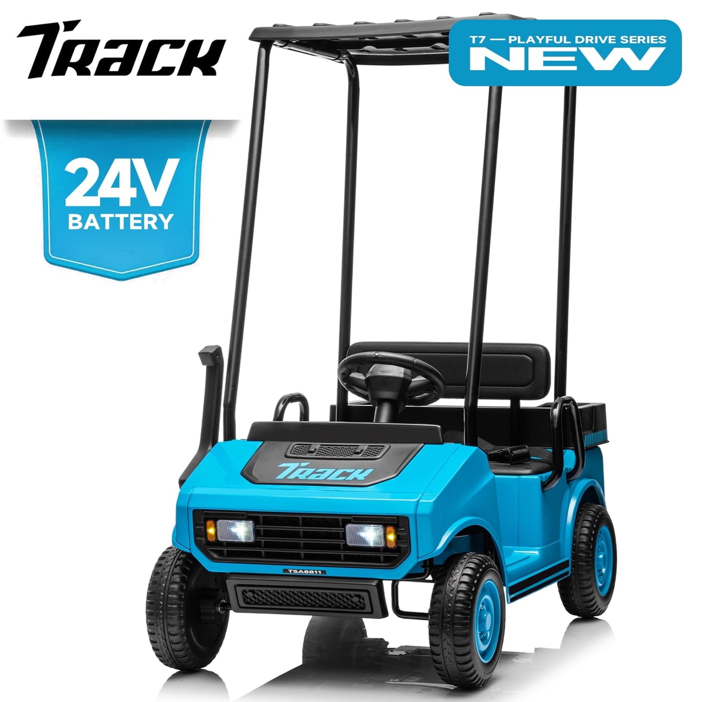Track Seven 24V Ride on Car, Electric Golf Cart with Ceiling, Ride on Truck with Remote Control, Music, Rear Storage Box, Electric Car for Boys Girls Age 3+, 18.5" Large Seat with Armrests, White