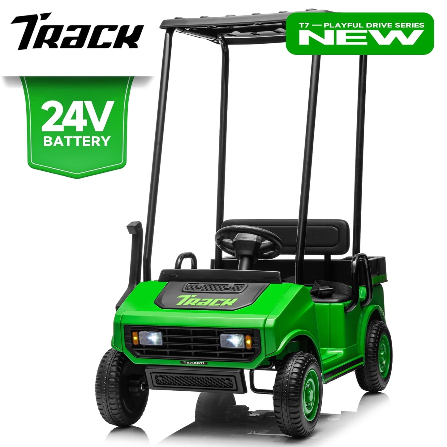 Track Seven 24V Ride on Car, Electric Golf Cart with Ceiling, Ride on Truck with Remote Control, Music, Rear Storage Box, Electric Car for Boys Girls Age 3+, 18.5" Large Seat with Armrests, White