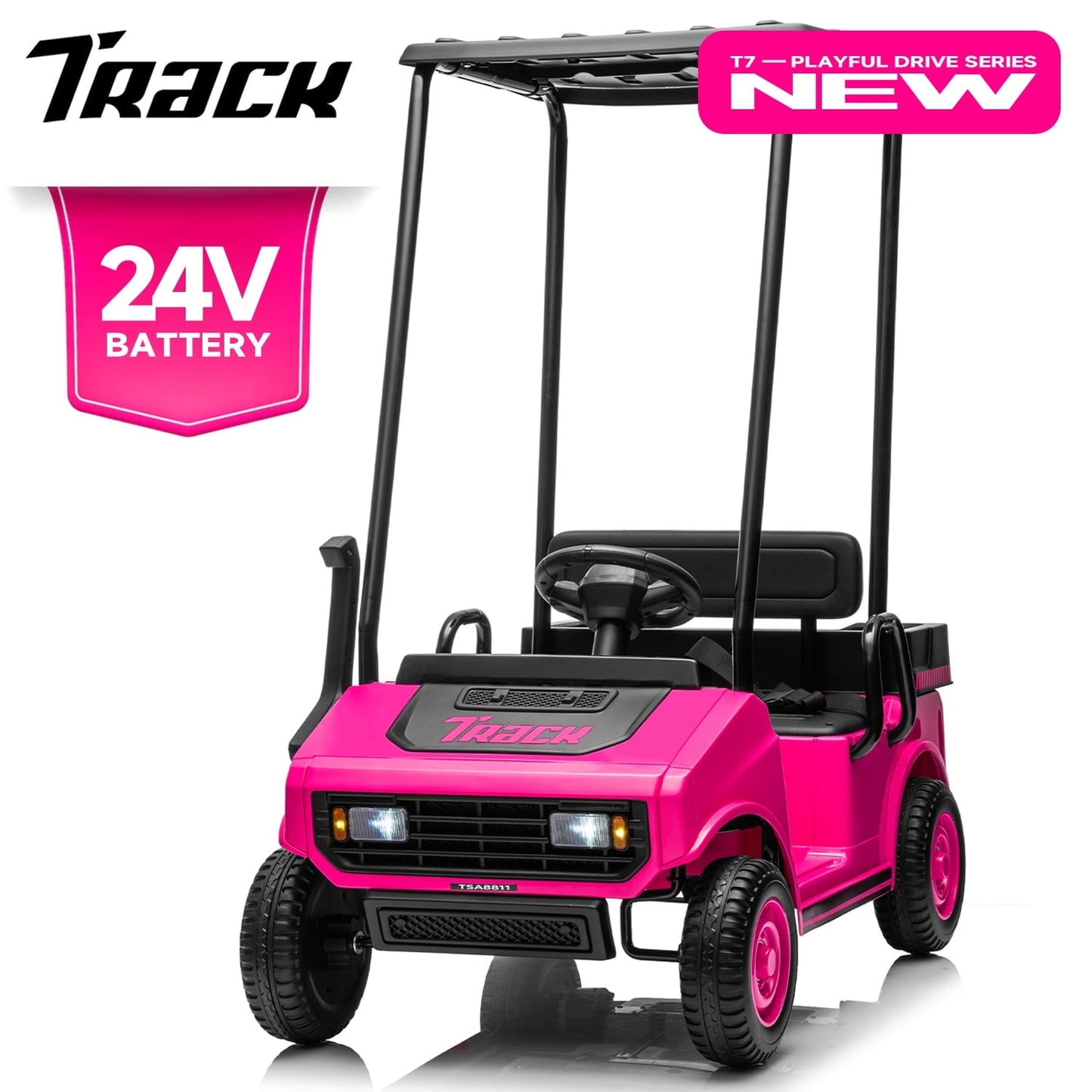 Track Seven 24V Ride on Car, Electric Golf Cart with Ceiling, Ride on Truck with Remote Control, Music, Rear Storage Box, Electric Car for Boys Girls Age 3+, 18.5" Large Seat with Armrests, White