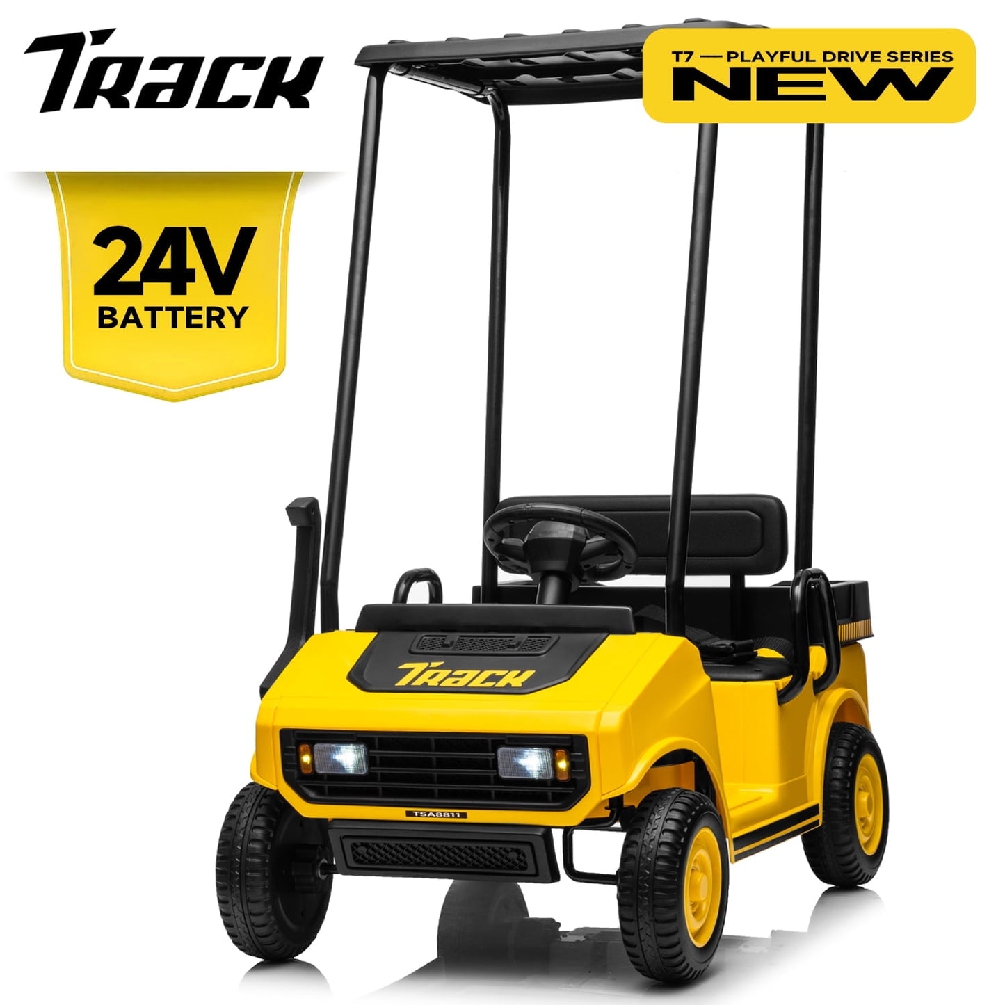 Track Seven 24V Ride on Car, Electric Golf Cart with Ceiling, Ride on Truck with Remote Control, Music, Rear Storage Box, Electric Car for Boys Girls Age 3+, 18.5" Large Seat with Armrests, White