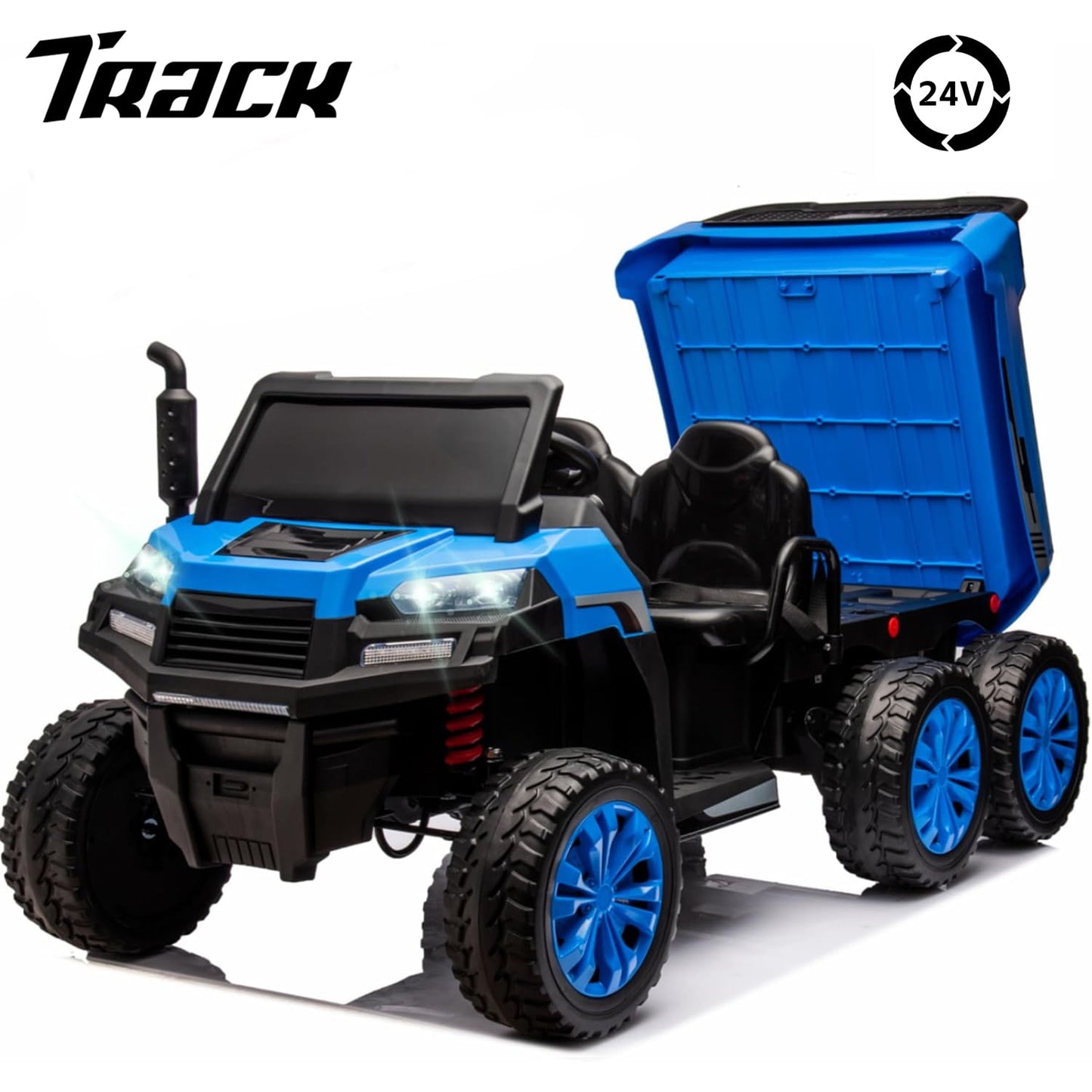Track Seven 24V Ride on Car, 2-Seater Ride On Dump Truck, 6 Wheels Electric Car with Remote Control, Music, Shift Lever, off-Road Ride on UTV, Black