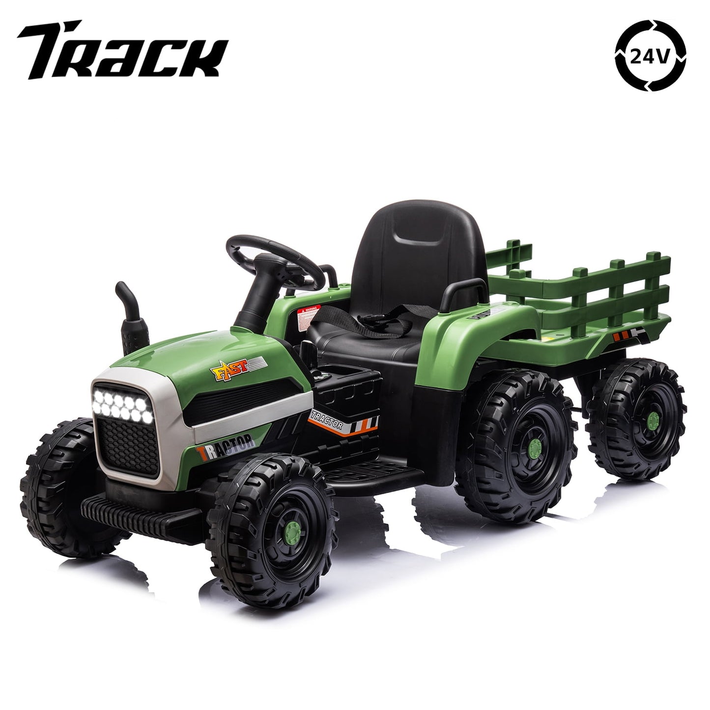 Track Seven 24V Ride on Tractor with Trailer, 400W Motor, 6-Wheels Ride on Truck Car with Remote Control, Music, Lights, Electric Tractor Max Speed 5 mph, Green