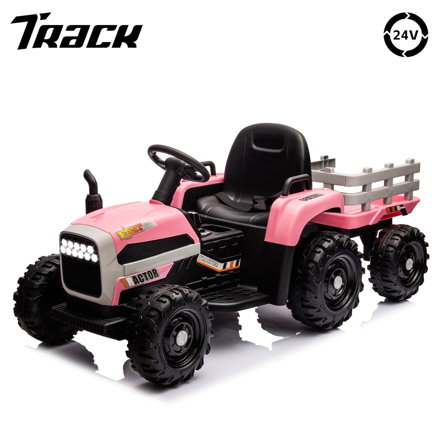 Track Seven 24V Ride on Tractor with Trailer, 400W Motor, 6-Wheels Ride on Truck Car with Remote Control, Music, Lights, Electric Tractor Max Speed 5 mph, Blue
