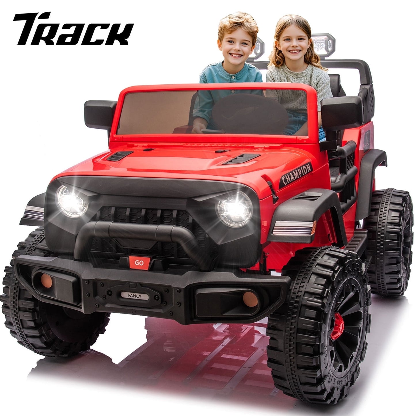 Track Seven 24V Ride on Truck, 2 Seater Ride On Toy Car for Big Kids, 19.7" Large Wide Seat, 4WD Electric Truck Car with Music, Bluetooth, Light and Searchlight, Max Speed 4.35 mph, Black