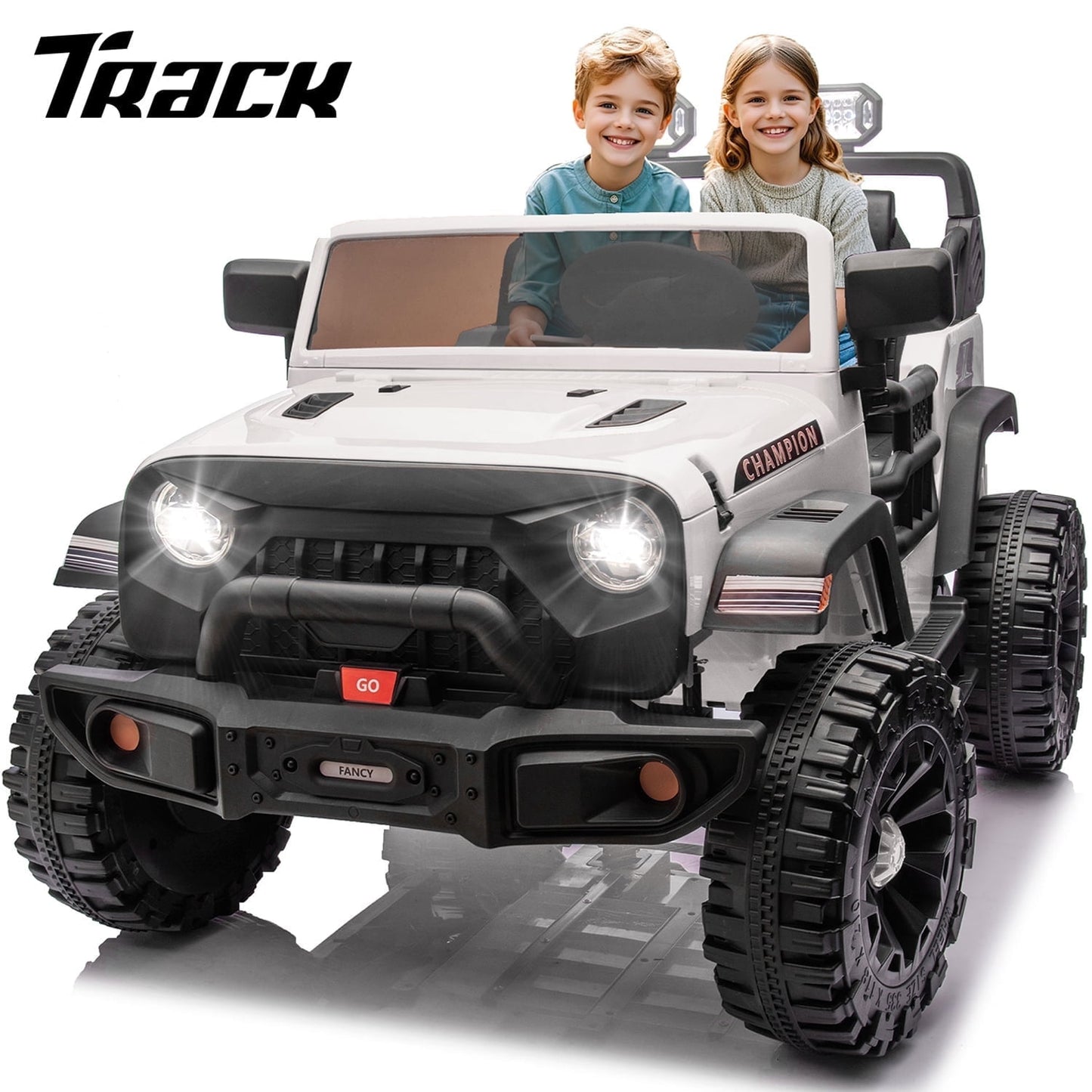 Track Seven 24V Ride on Truck, 2 Seater Ride On Toy Car for Big Kids, 19.7" Large Wide Seat, 4WD Electric Truck Car with Music, Bluetooth, Light and Searchlight, Max Speed 4.35 mph, Black