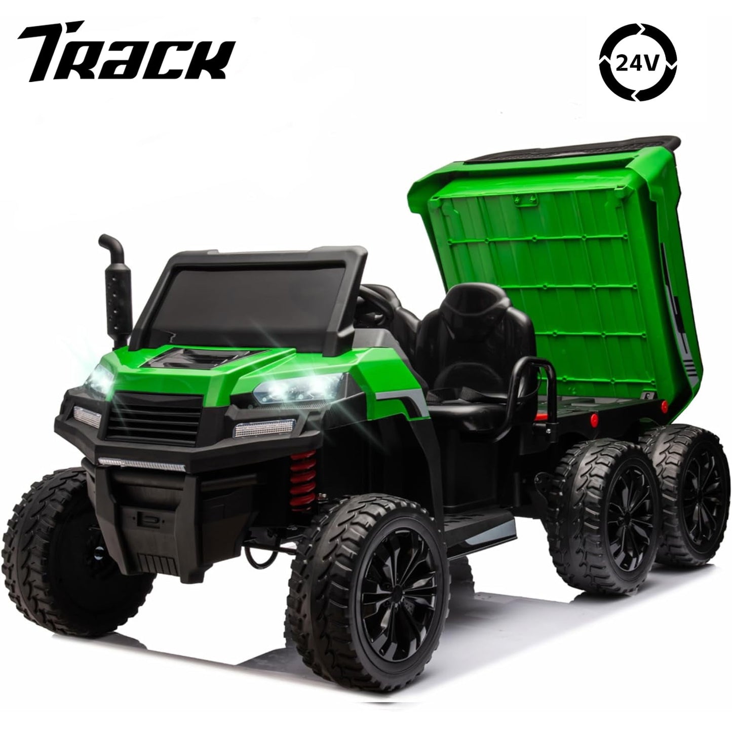 Track Seven 24V Ride on Car, 2-Seater Ride On Dump Truck, 6 Wheels Electric Car with Remote Control, Music, Shift Lever, off-Road Ride on UTV, Green