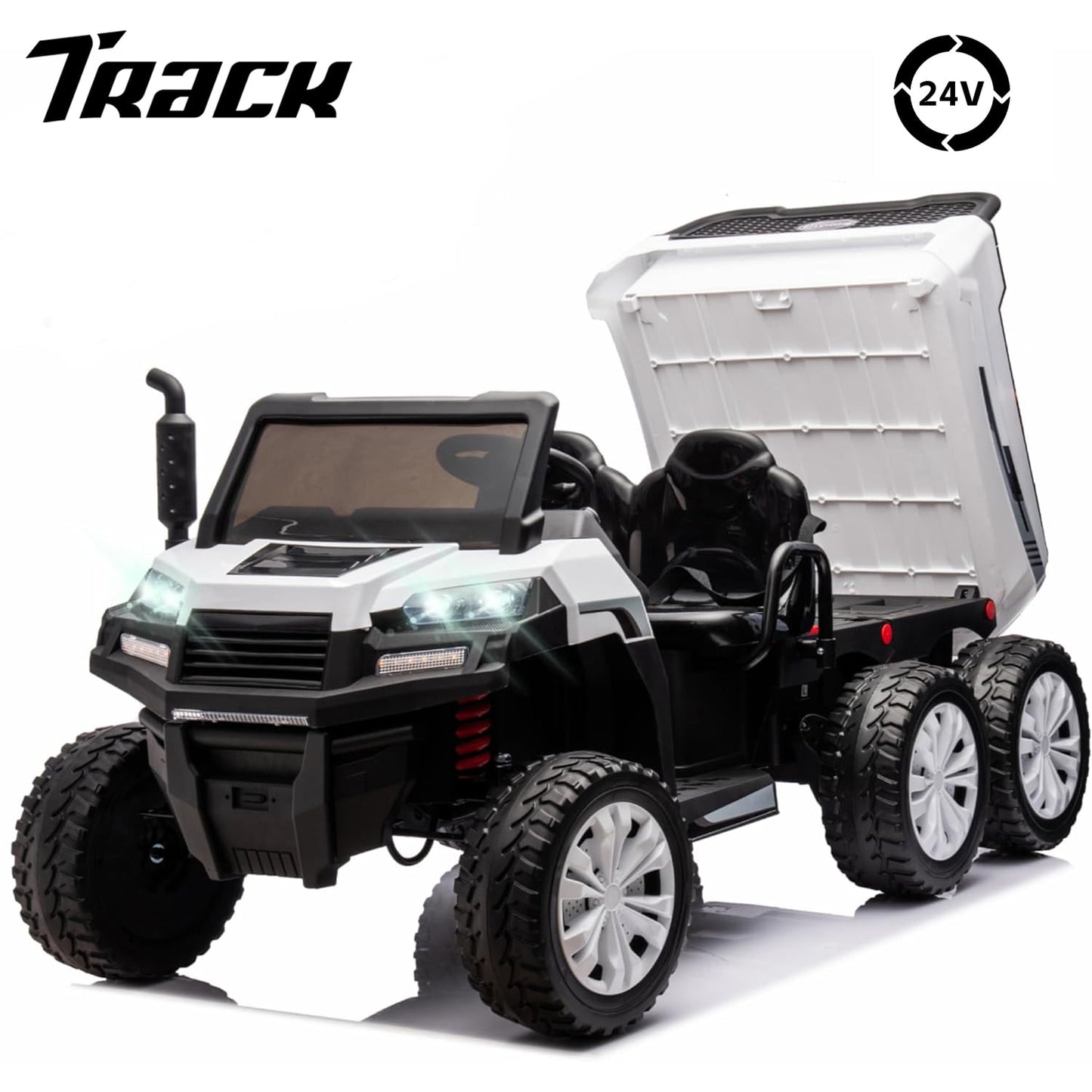Track Seven 24V Ride on Car, 2-Seater Ride On Dump Truck, 6 Wheels Electric Car with Remote Control, Music, Shift Lever, off-Road Ride on UTV, Green
