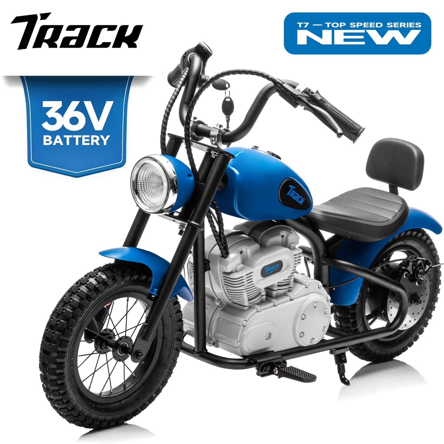 Track Seven 36V Electric Dirt Bike for kids, 350W Ride on Motorcycle with Twist Grip Throttle, Hand-Operated Brakes, Key Start, Off-Road Motocross Speed Up to 15 MPH, Age 8+, Blue