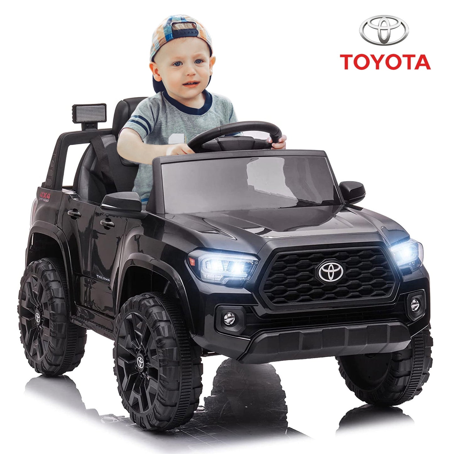 Track 7 Ride on Car with Remote Control, 12V Toyota Tacoma Electric Car for Boys Girls Age 3+, AUX/FM/USB, Storage Truck, Black