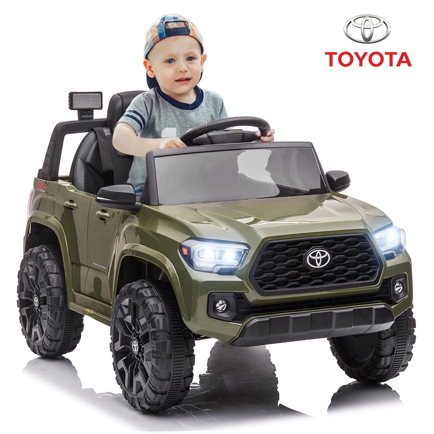 Track 7 Ride on Car with Remote Control, 12V Toyota Tacoma Electric Car for Boys Girls Age 3+, AUX/FM/USB, Storage Truck, Blue
