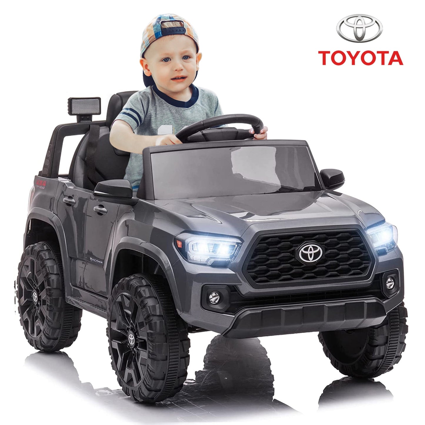 Track 7 Ride on Car with Remote Control, 12V Toyota Tacoma Electric Car for Boys Girls Age 3+, AUX/FM/USB, Storage Truck, Black