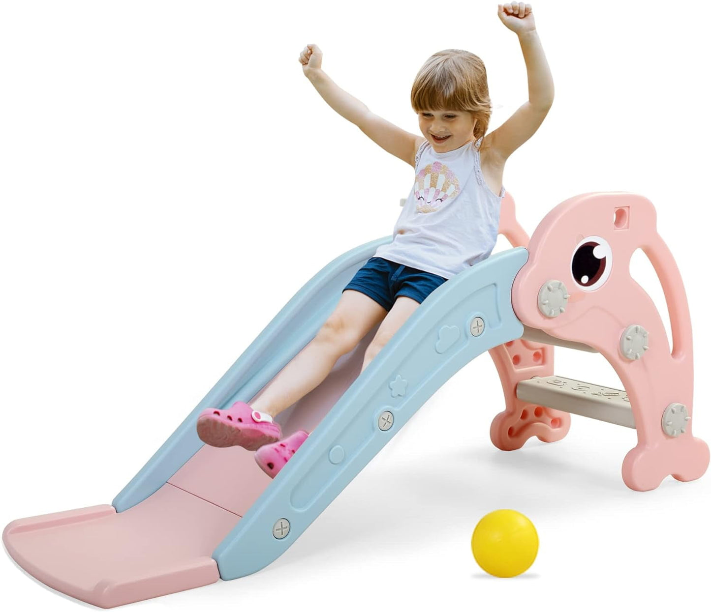 Track Seven Toddler Slide Playset with Climber, Basketball Hoop & Ball - Indoor/Outdoor Playground for Kids,Pink