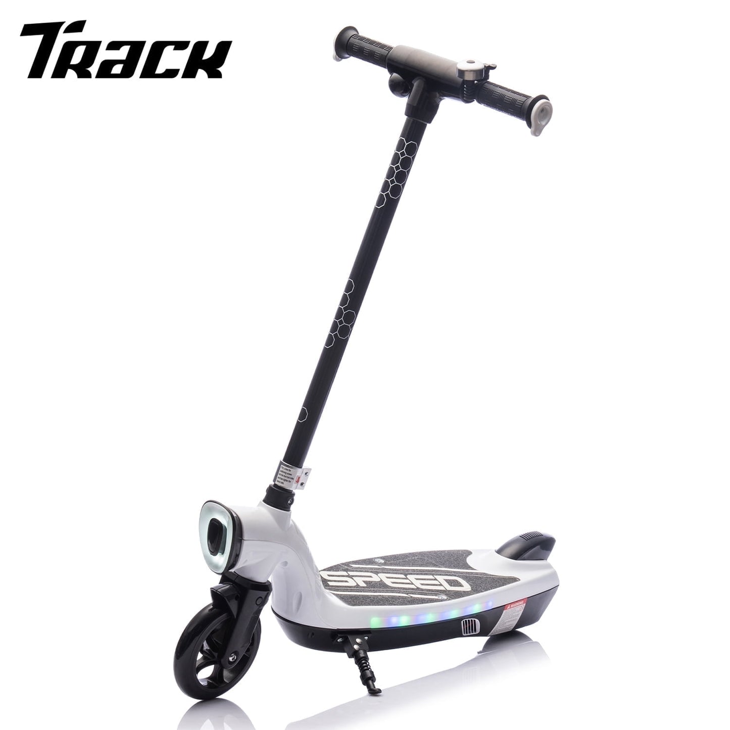Track Seven 12V Electric Scooter for Kids, Front Big Light, Colorful Lights, Bell, 6.5" Wide Pedal, Rear Wheel Brake, Max 6.84MPH, Kids Electric Kick Scooters for Teens Boys Girls Aged 6+, Red