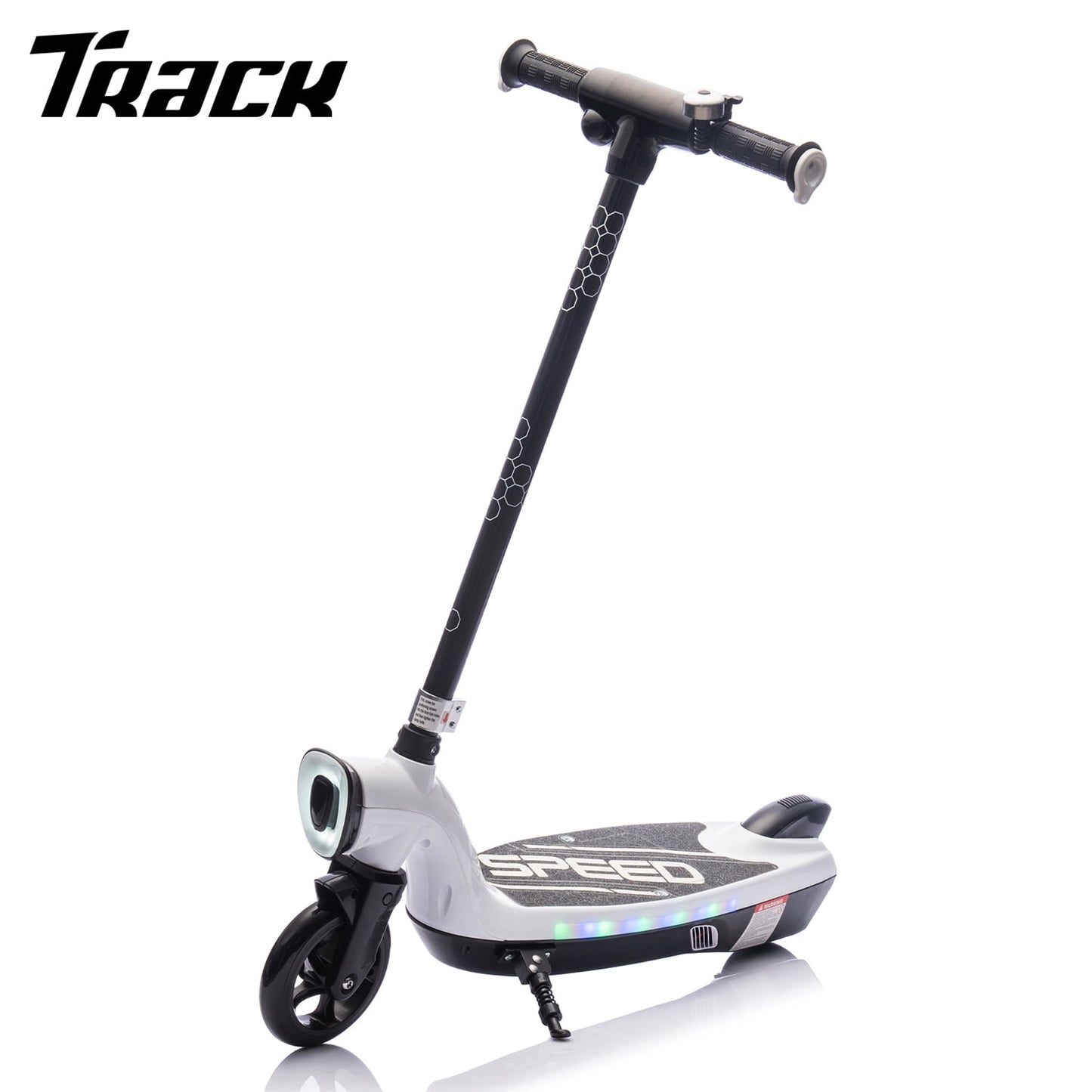 Track Seven 12V Electric Scooter for Kids, Front Big Light, Colorful Lights, Bell, 6.5" Wide Pedal, Rear Wheel Brake, Max 6.84MPH, Kids Electric Kick Scooters for Teens Boys Girls Aged 6+, White