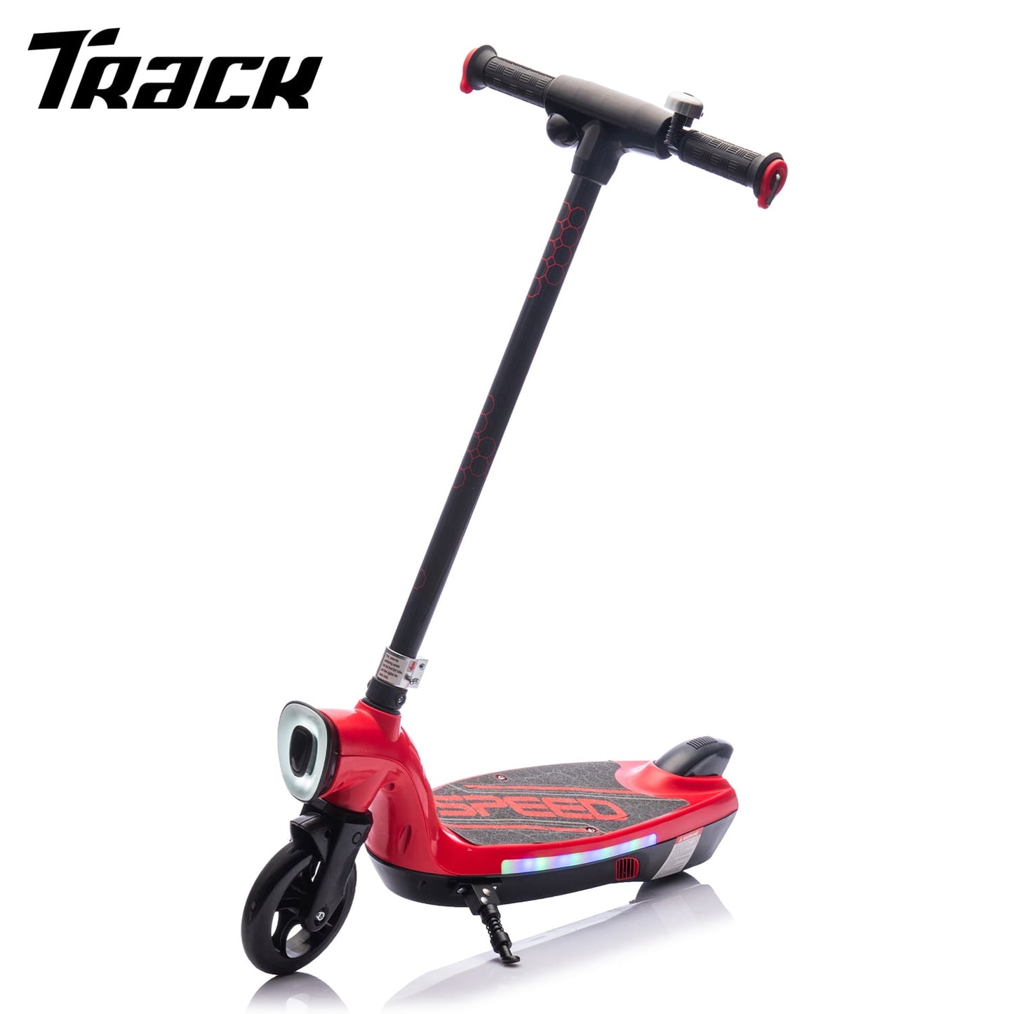 Track Seven 12V Electric Scooter for Kids, Front Big Light, Colorful Lights, Bell, 6.5" Wide Pedal, Rear Wheel Brake, Max 6.84MPH, Kids Electric Kick Scooters for Teens Boys Girls Aged 6+, White