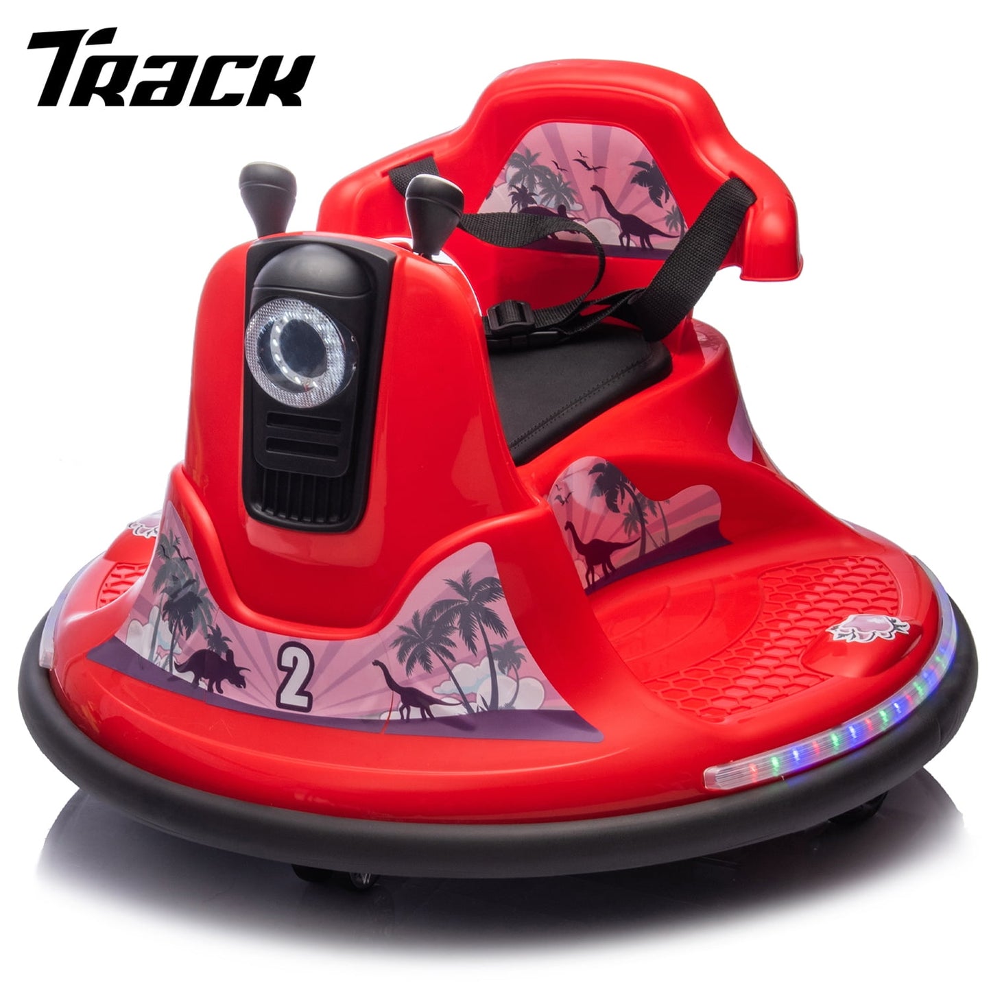 Track Seven 12V Ride On Bumper Car, 360° Spin, Remote Control, Dual Steering Handles, Kids Bumper Car with LED Lights, Music, Joysticks, Electric Car for Toddlers Boys Girls Ages 2-5, Purple