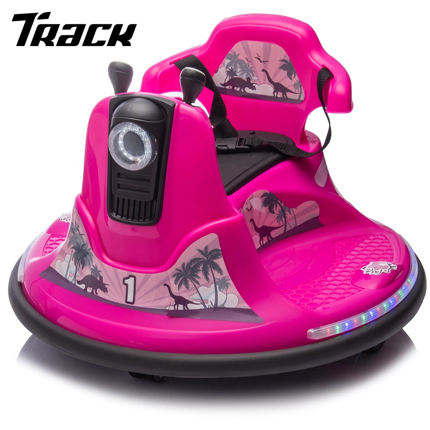 Track Seven 12V Ride On Bumper Car, 360° Spin, Remote Control, Dual Steering Handles, Kids Bumper Car with LED Lights, Music, Joysticks, Electric Car for Toddlers Boys Girls Ages 2-5, Purple