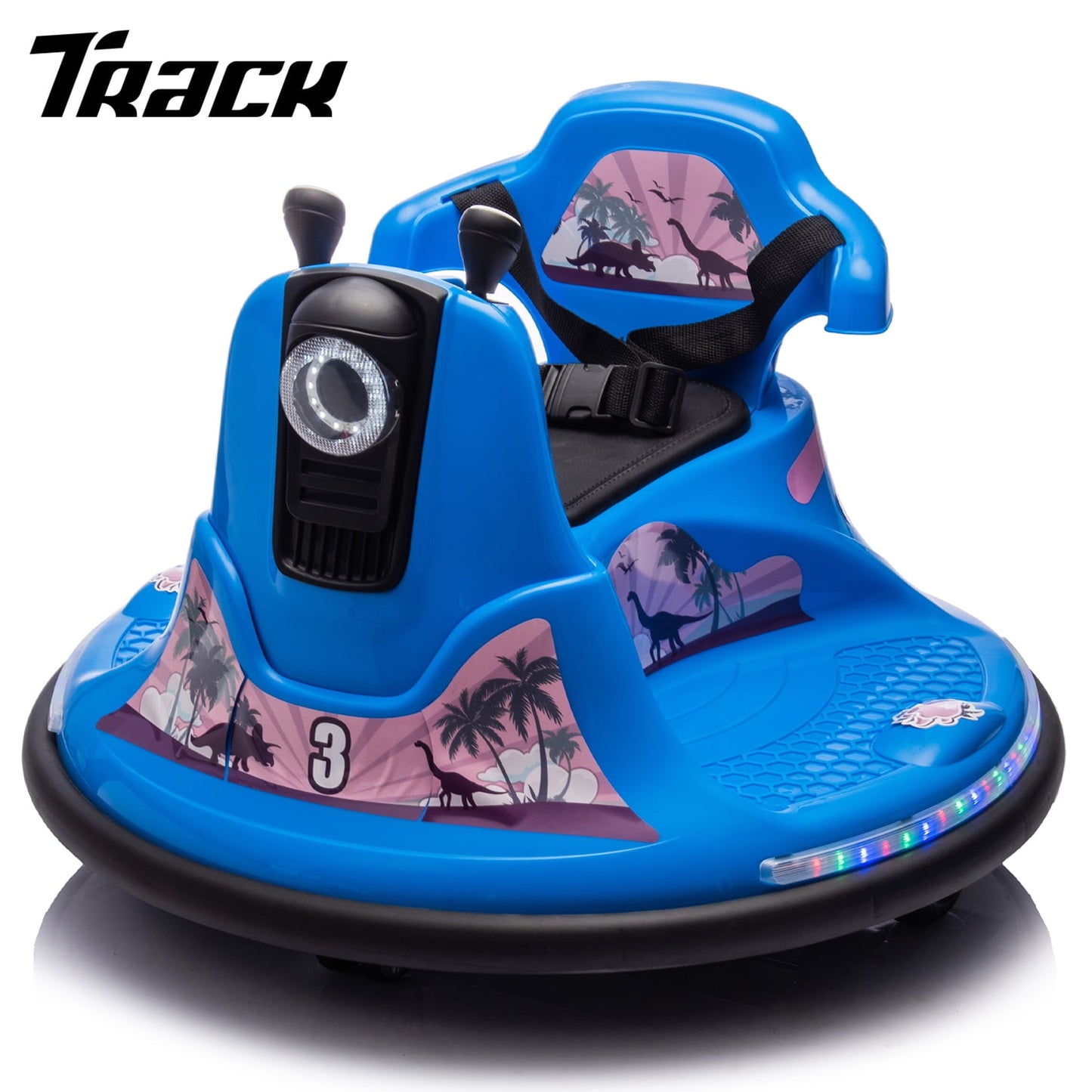 Track Seven 12V Ride On Bumper Car, 360° Spin, Remote Control, Dual Steering Handles, Kids Bumper Car with LED Lights, Music, Joysticks, Electric Car for Toddlers Boys Girls Ages 2-5, Purple
