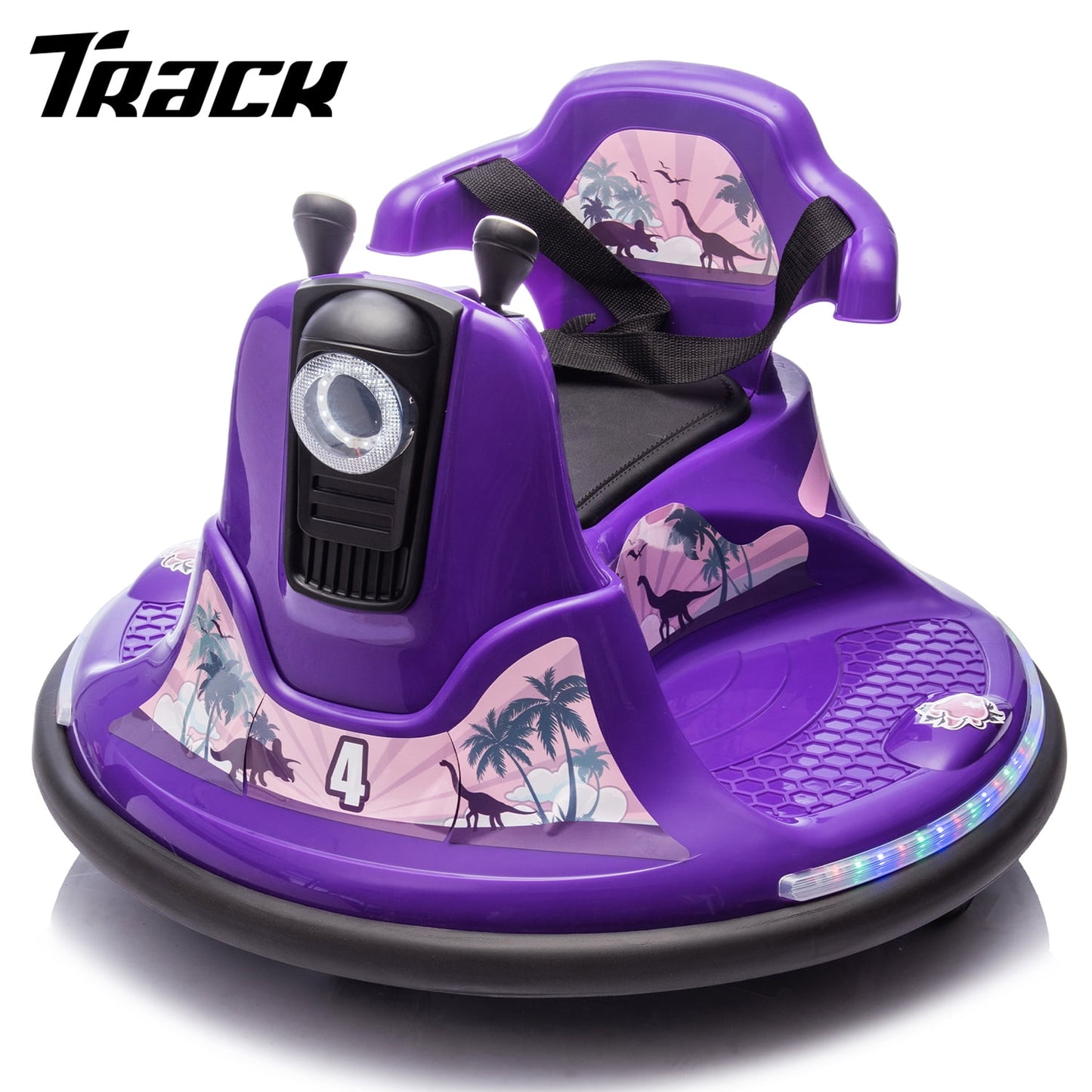 Track Seven 12V Ride On Bumper Car, 360° Spin, Remote Control, Dual Steering Handles, Kids Bumper Car with LED Lights, Music, Joysticks, Electric Car for Toddlers Boys Girls Ages 2-5, Purple