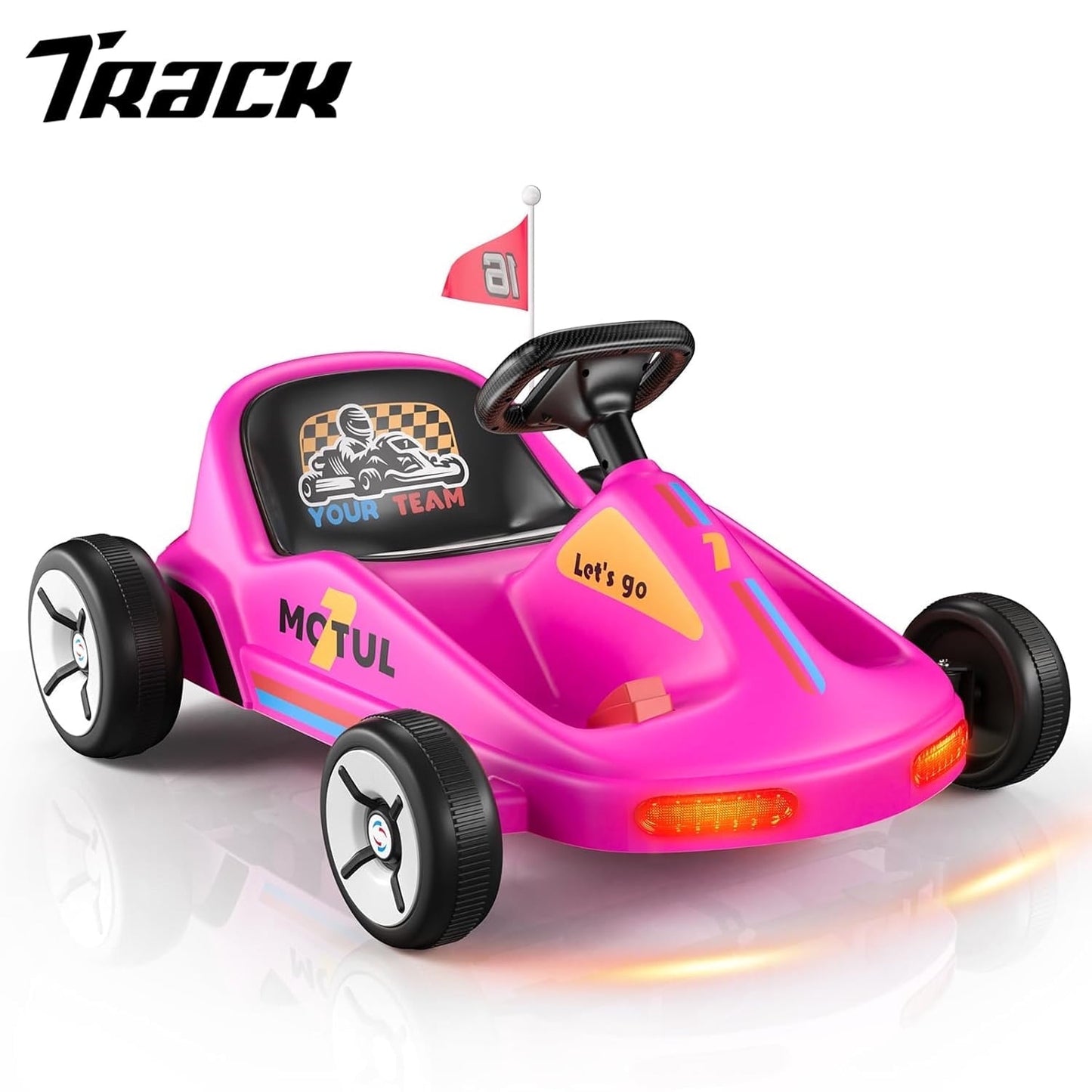Track Seven 12V Ride on Car, Kids Electric Drifting Go Kart with Remote Control, Flashing Taillight, Bluetooth, Storytelling, Max Speed 3.7 mph, Portable Electric 4-Wheeler Car for Kids Age 3+, White