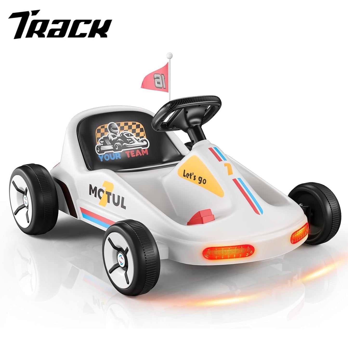 Track Seven 12V Ride on Car, Kids Electric Drifting Go Kart with Remote Control, Flashing Taillight, Bluetooth, Storytelling, Max Speed 3.7 mph, Portable Electric 4-Wheeler Car for Kids Age 3+, White