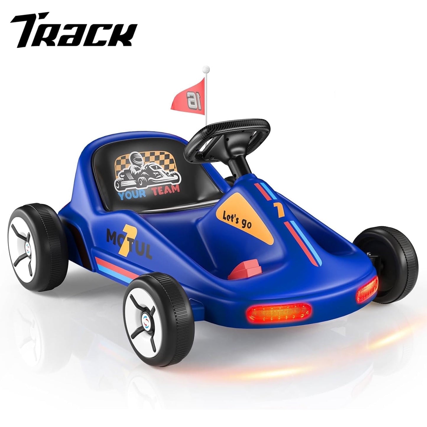 Track Seven 12V Ride on Car, Kids Electric Drifting Go Kart with Remote Control, Flashing Taillight, Bluetooth, Storytelling, Max Speed 3.7 mph, Portable Electric 4-Wheeler Car for Kids Age 3+, White
