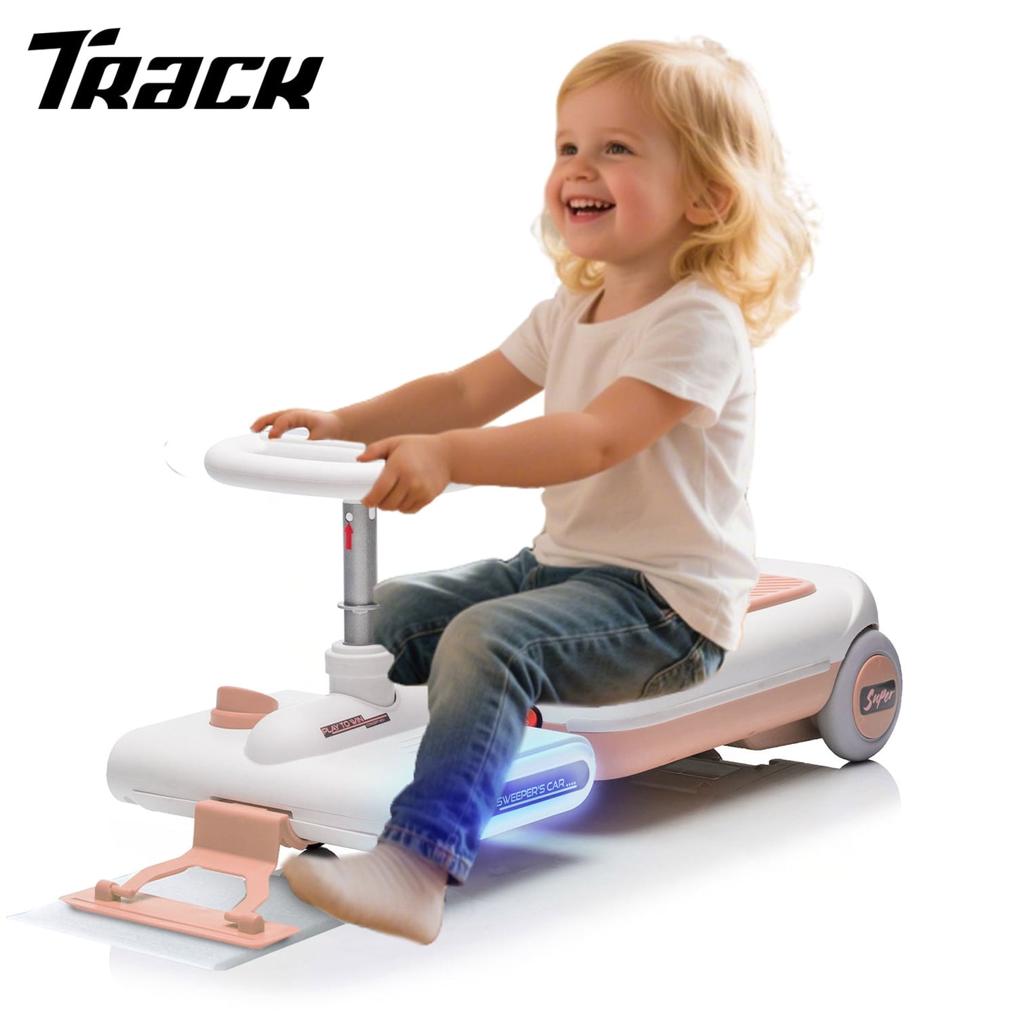 Track Seven 12V Ride on Car, Kids Electric Go Kart with LED Lights, Music, Adjustable Length, Portable Go Kart with Detachable Mopping Kit, Electric Car for Kids Toddlers Age 3+, Green