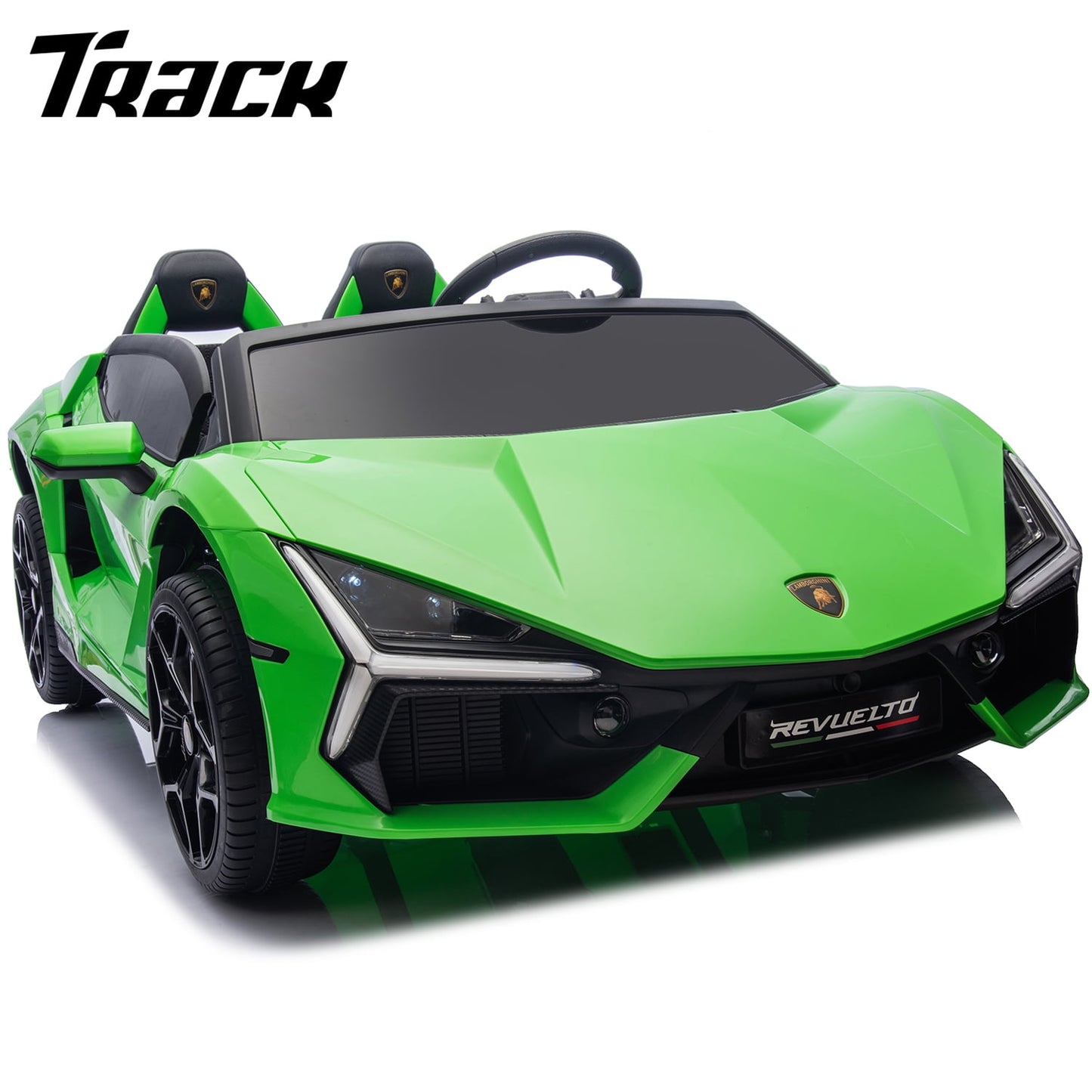 Track Seven 24V 2-Seater Ride on Car, Licensed Lamborghini Revuelto Electric Car with Remote Control, Music, LED Lights, Key Start, Spring Suspension, Max Speed 4.3mph, 24V Ride on Toy Car