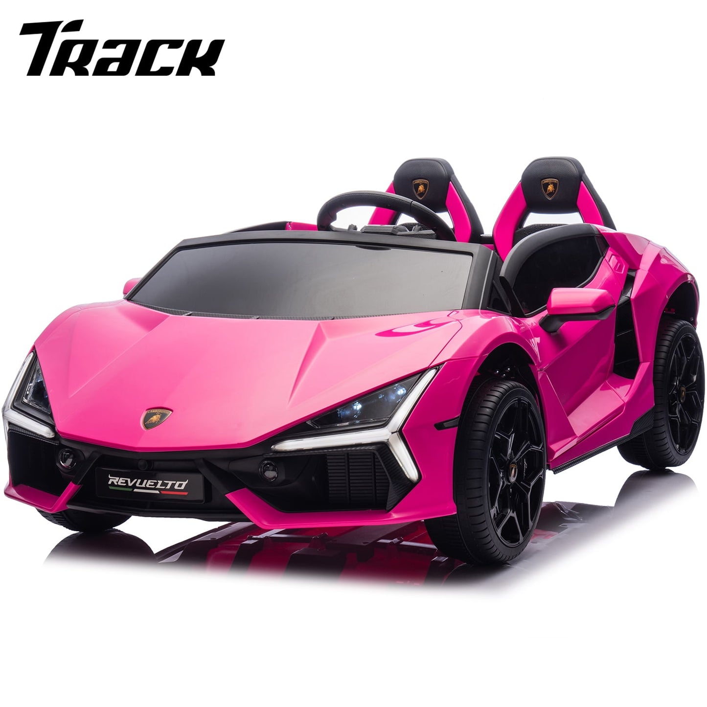Track Seven 24V 2-Seater Ride on Car, Licensed Lamborghini Revuelto Electric Car with Remote Control, Music, LED Lights, Key Start, Spring Suspension, Max Speed 4.3mph, 24V Ride on Toy Car