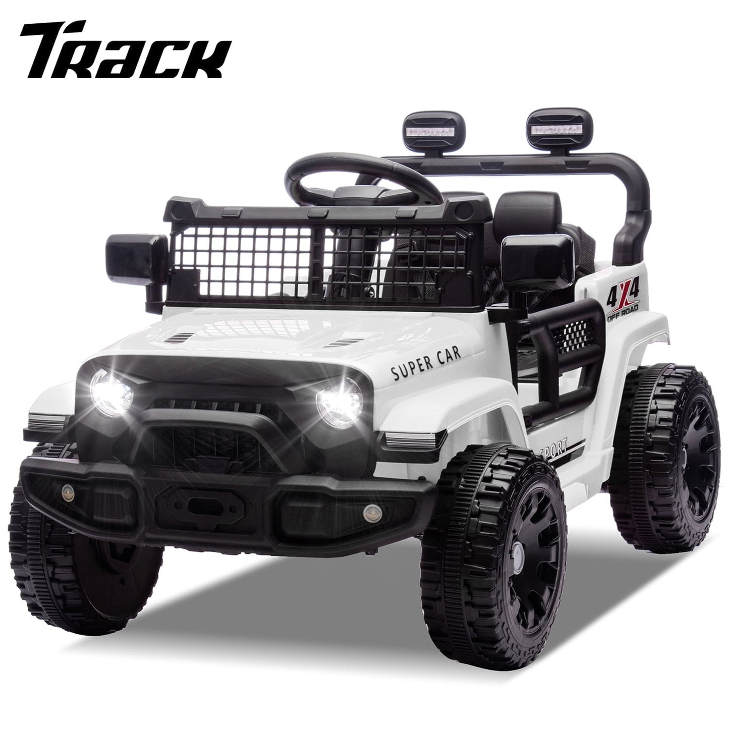 Track Seven 24V Kids Ride on Truck, Electric Car with Remote Control, Four-Wheel Suspension, Power Display, Bluetooth, MP3 Player, LED Lights, Kids Ride on Toy Car for Boys Girls Aged 3+, White