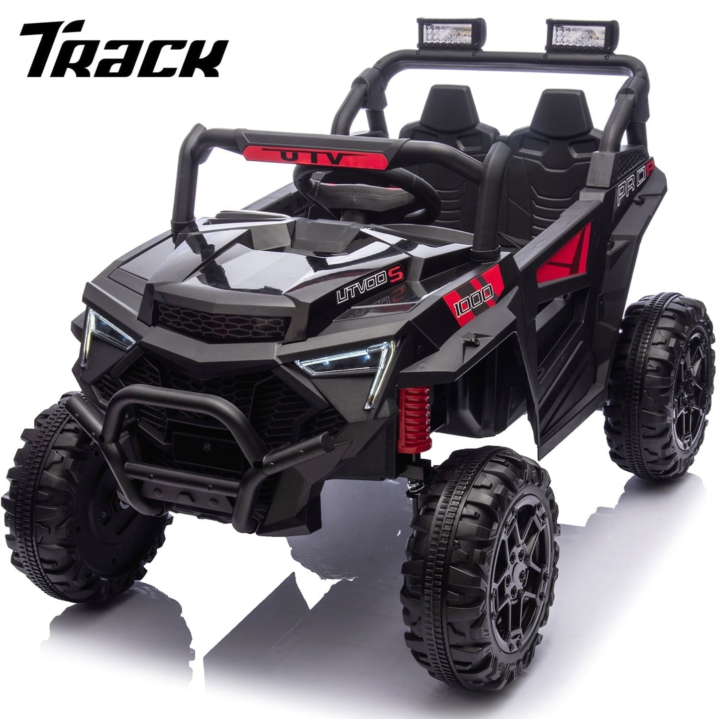 Track Seven 24V Ride on Car, 2WD Electric Off-Road UTV Truck w/ 400W Motors, Remote Control, Large Seat, Bluetooth, Lights, Power Display, Portable Handle, Electric Car for Boys Girls Aged 3+, Black