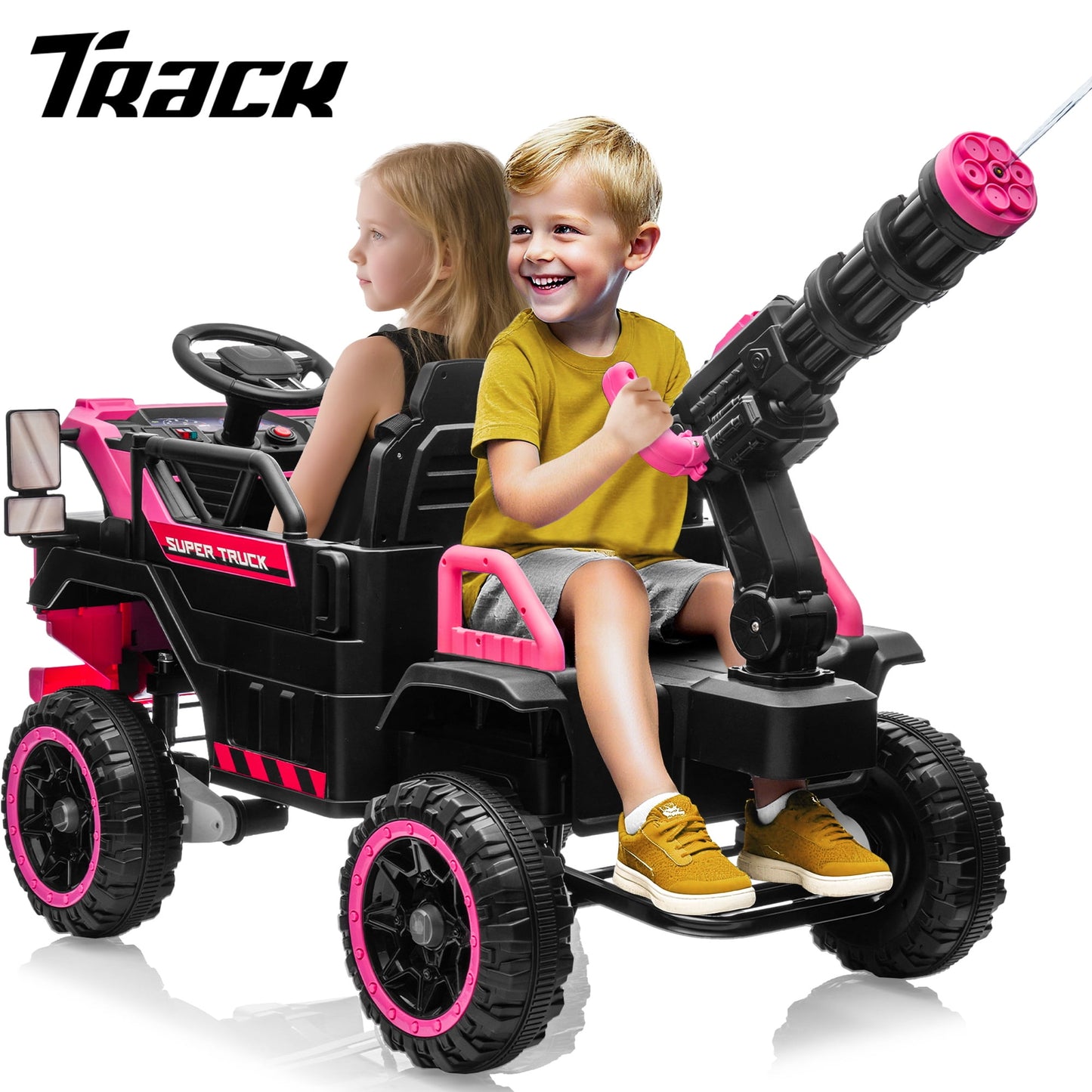 Track Seven 24V Ride on Car, 3-Seater Elecric car with Water Gun, Bluetooth, Remote Control, LED Lights, 2WD/4WD, Off-Road Truck for Boys Girls Age 3+, Yellow