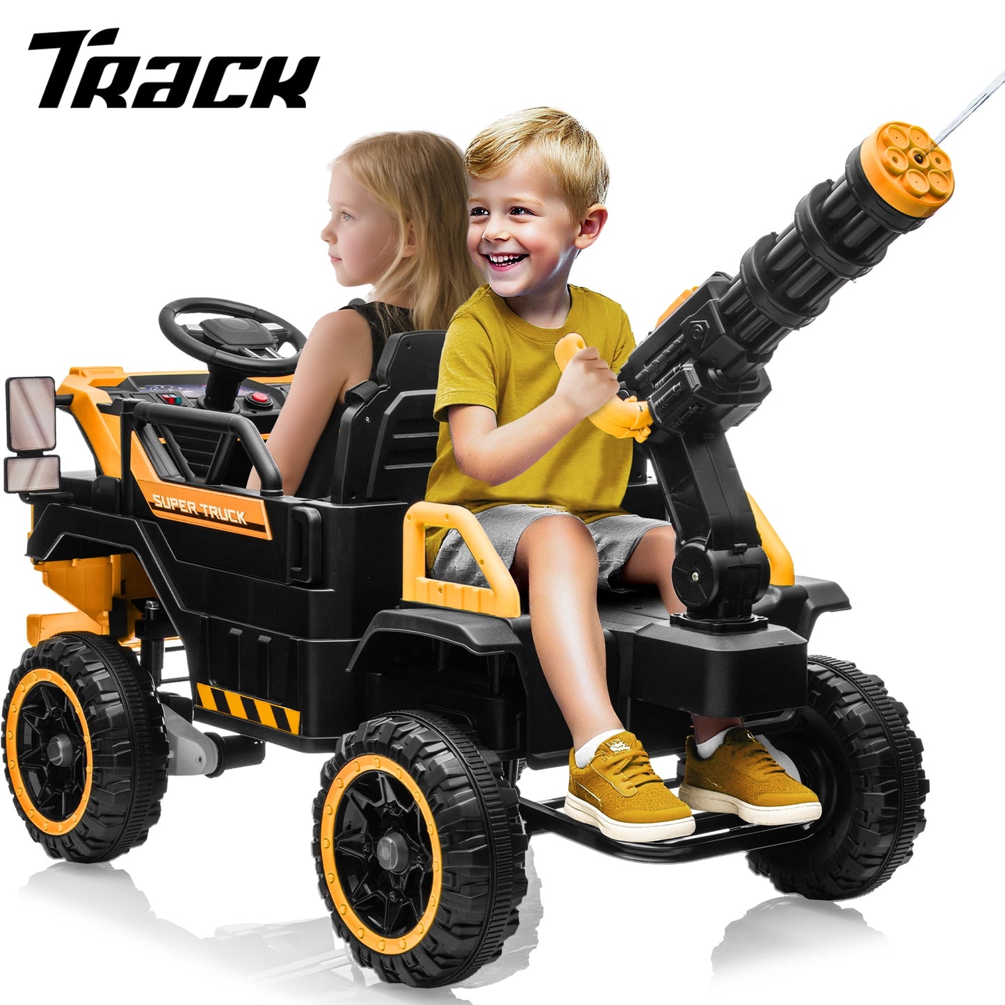 Track Seven 24V Ride on Car, 3-Seater Elecric car with Water Gun, Bluetooth, Remote Control, LED Lights, 2WD/4WD, Off-Road Truck for Boys Girls Age 3+, Yellow