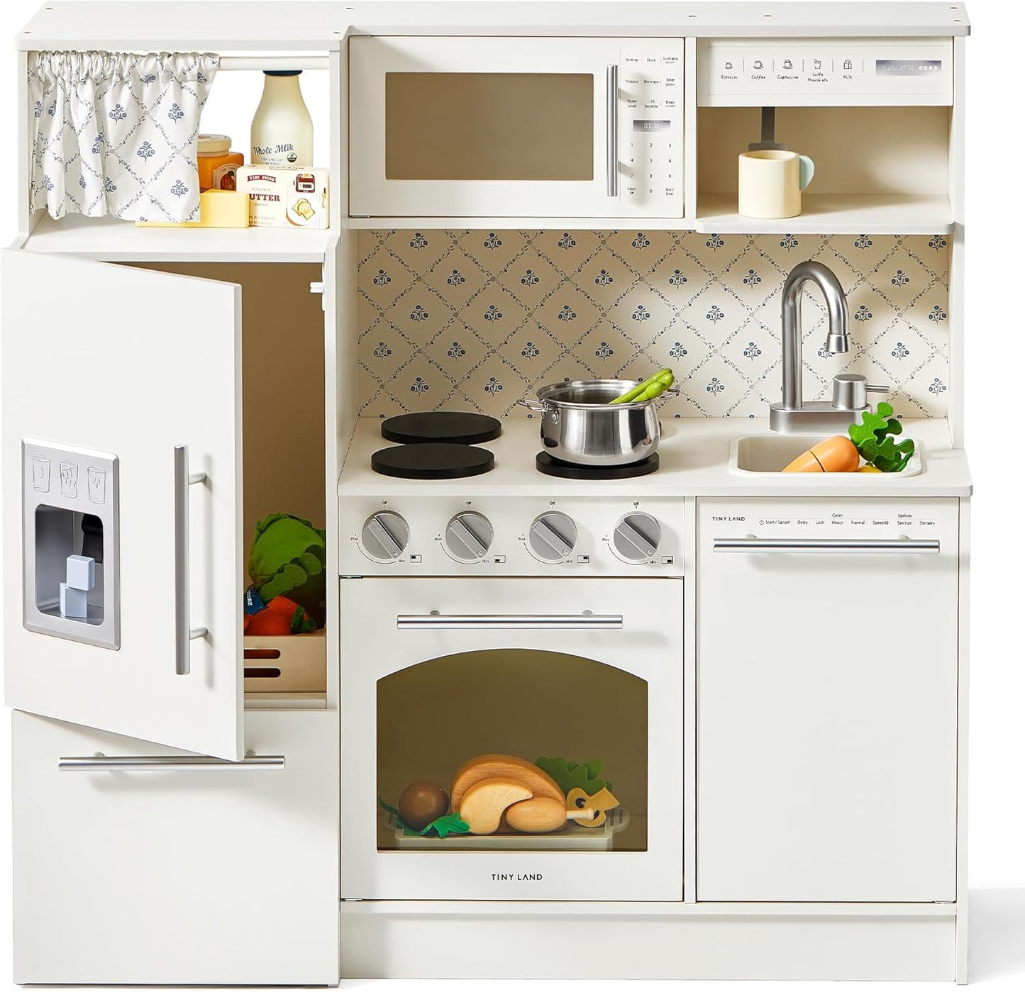 Track Seven Play Kitchen for Kids, Upgraded Wooden Kitchen Toy with Complete Play Areas, Pretend Cooking Set with Sink, Stove, Microwave, Toy Coffee Station & Storage for Kids Ages 3+, Pink
