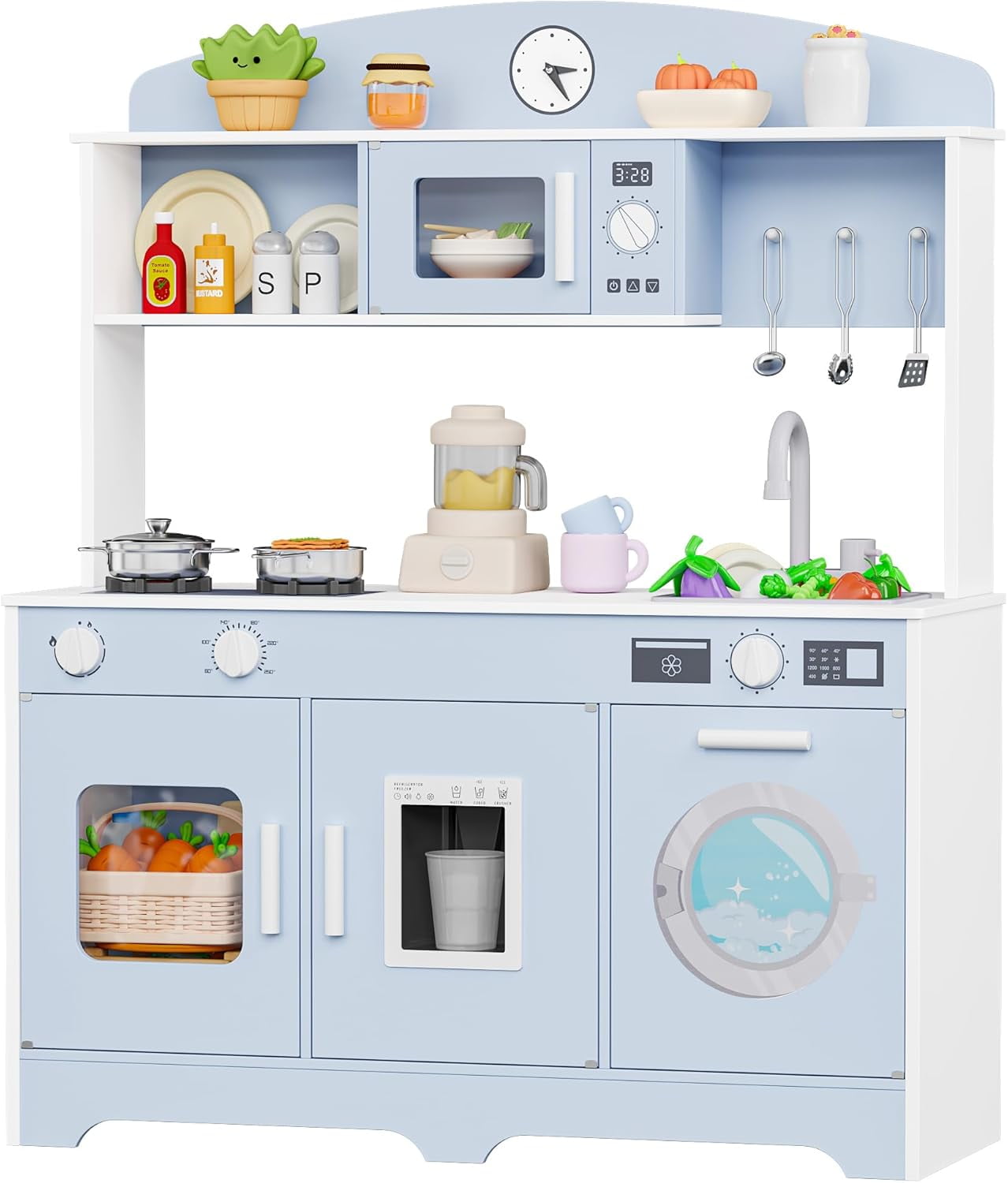 Track Seven Play Kitchen for Kids, Wooden Kids Kitchen Playset with Storage and Realistic Details, Pretend Play Kitchen Set with Ice Maker, Clicking Knobs, Sink, Washing Machine For Toddlers Ages 3+