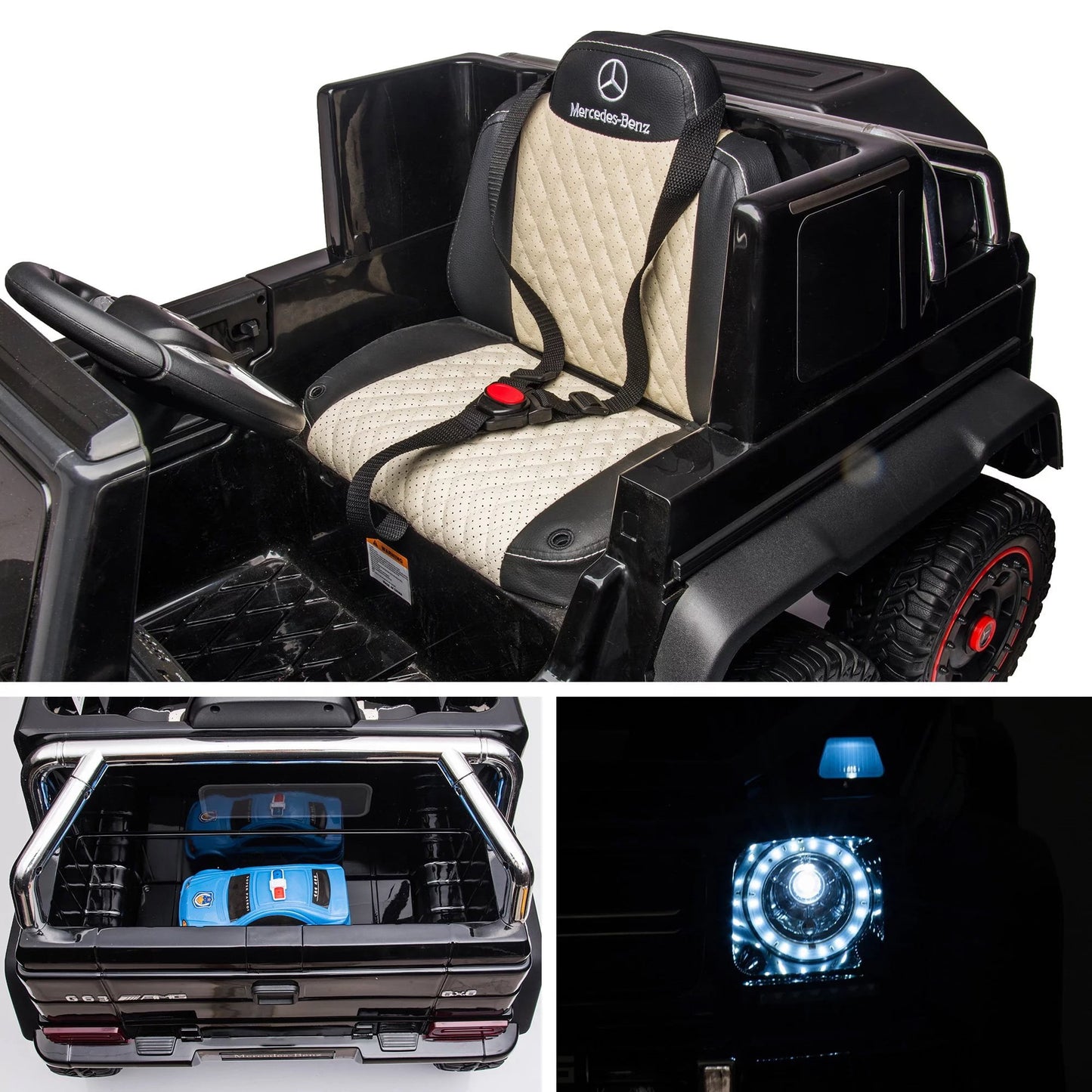 Track Seven 24V Ride on Car, Licensed Mercedes Benz G63 24V Electric Car with Remote Control, Music, Bluetooth, Leather Seat, 6 Wheels Kids Ride on Truck, Black
