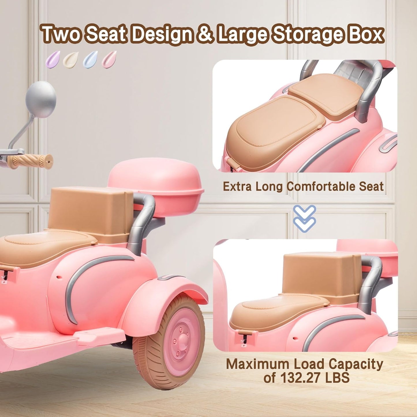 Track Seven 12V Ride on Motorcycle, 2-Seater Electric Motorcycle with Dual Motor, 3 Wheels Motorbike with Bluetooth, LED Lights, Storage Box, Front Hook, Ride on Toy Car for Boys Girls Aged 3+, Pink