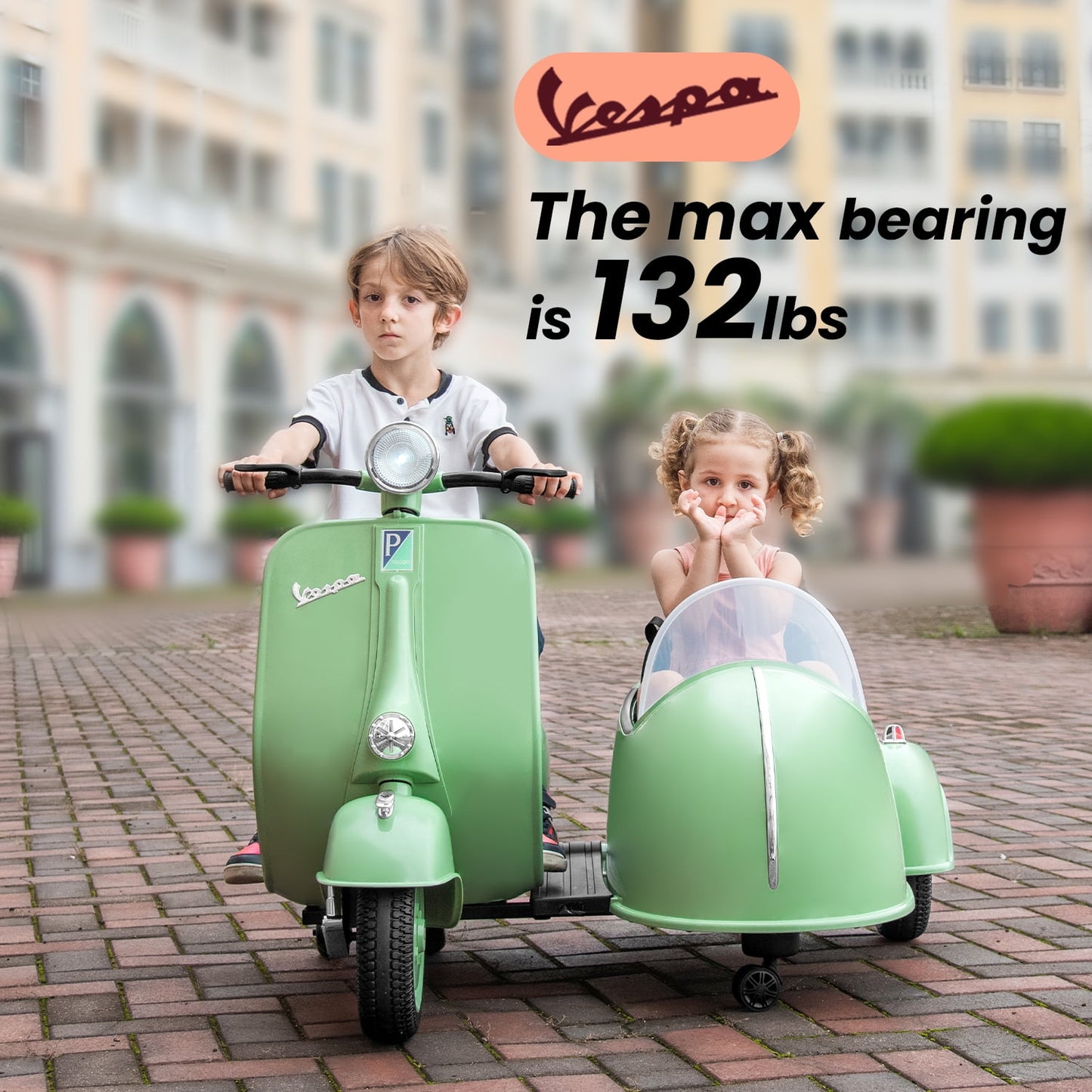 Track 7 2-Seater Ride on Motorcycle, 12V Licensed Vespa Ride on Motorcycle wth Side Car, 2-Seater Ride on Car, Music, Max Speed 4.8mph, Green
