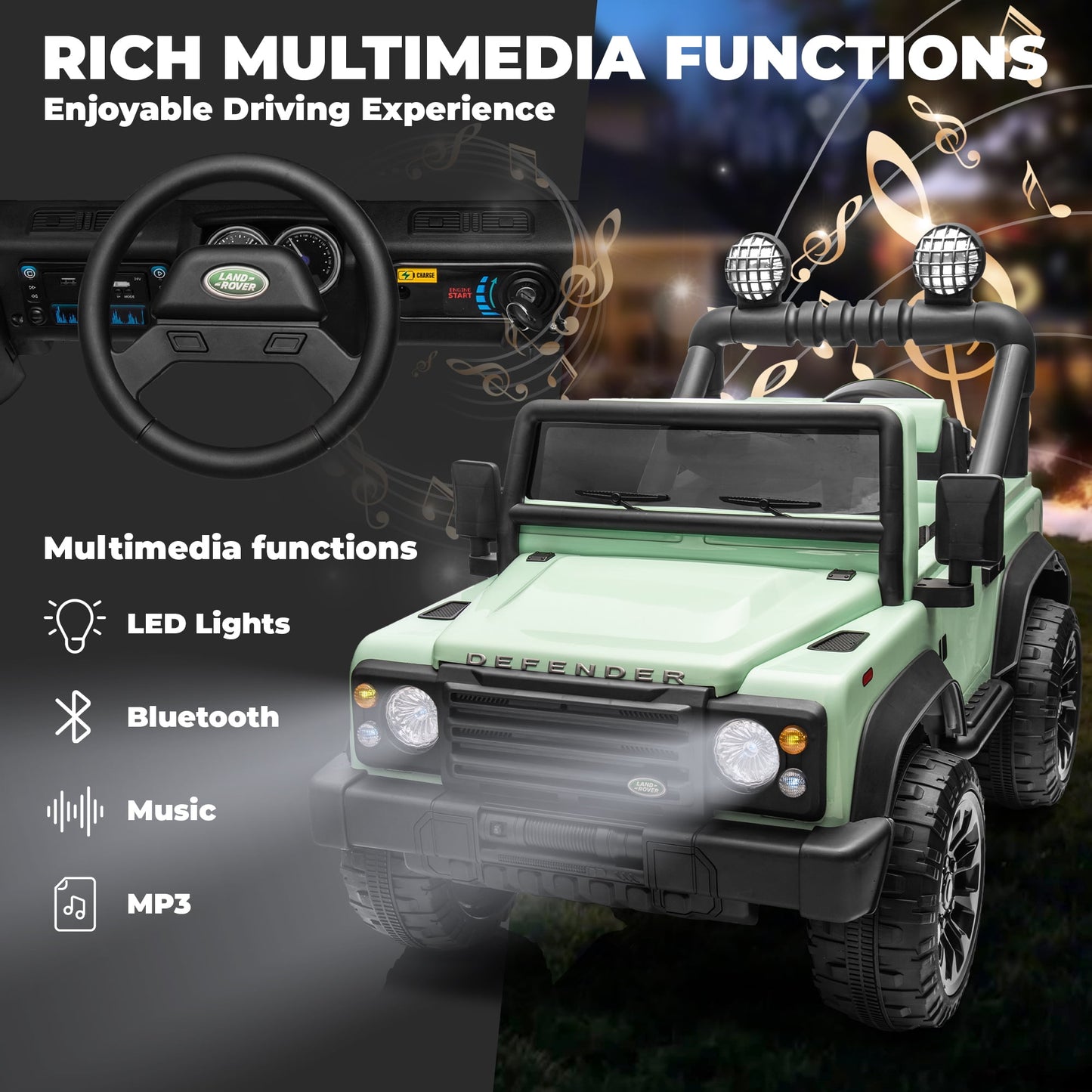 Track Seven Licensed Land Rover Defender Volta 5008 24V Ride-On Car, Electric Car with Remote Control, 2WD Drive, Bluetooth, LED Lights, Key Start, Rear Storage, 24V Ride on Toys for Ages 3+, Green