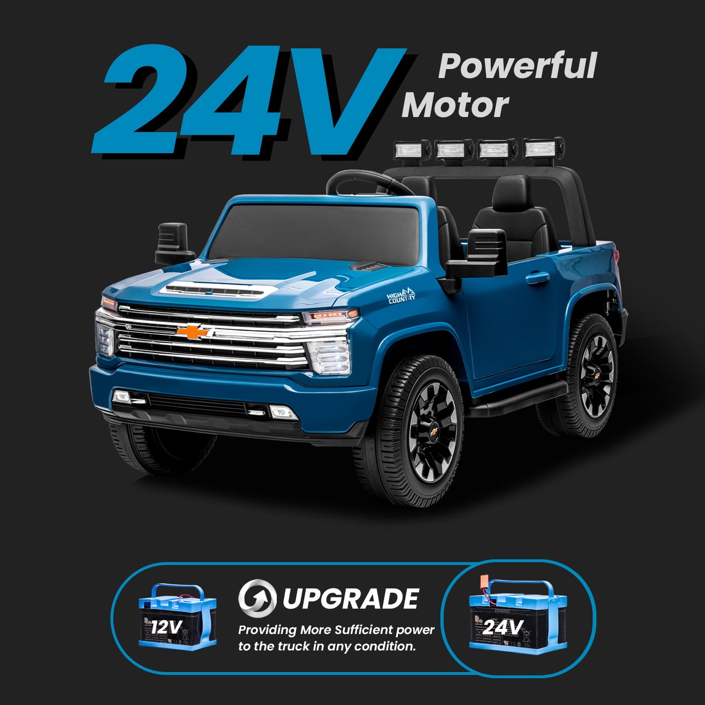 Track Seven 24V Ride on Car, Licensed Silverado HD 2 Seater Electric Car for Boys Girls Age 3+, 24V Ride on Truck w/Remote Control, Music, ABC, Blue
