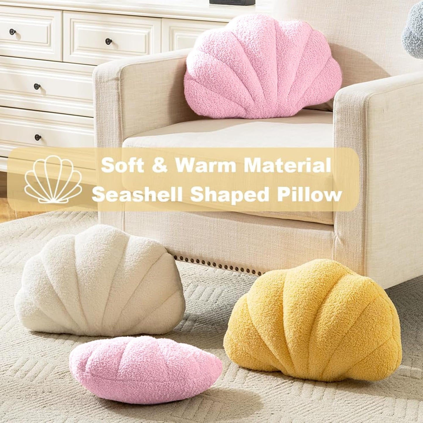 COOKCOK Shell Pillow, Seashell Throw Pillows, 14" x 11" Soft Decorative Pillow Plush Cushion for Bed Couch Living Sofa Room Decor Accent Throw Pillow, White