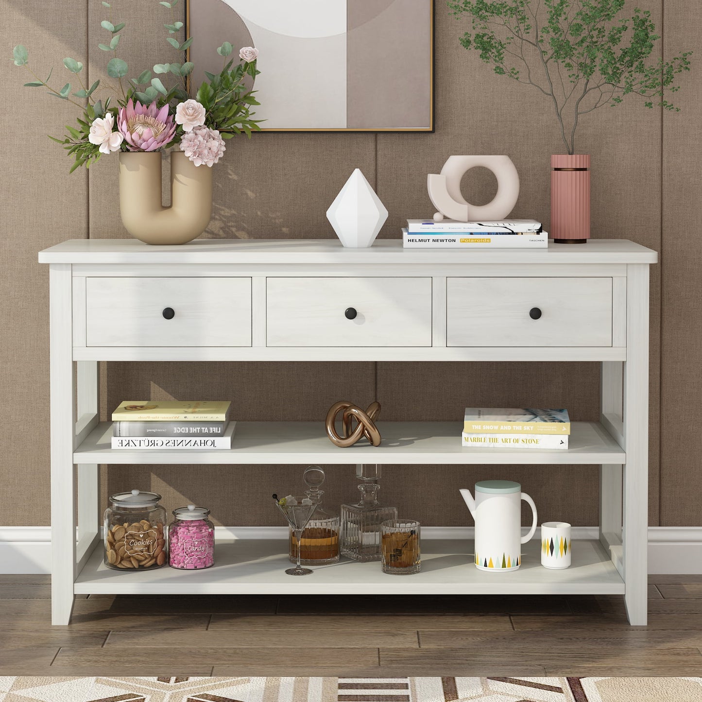 COOKCOK 47" Entryway Table, Console Table with 3 Drawers, Sofa Table Narrow Long with Storage Shelves for Living Room, Couch, Hallway, Foyer, Kitchen Counter, White