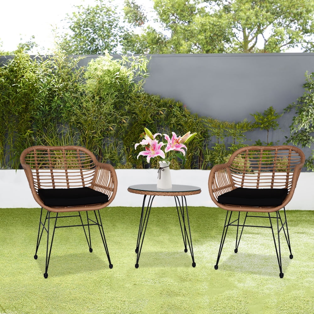 COOKCOK 3 Pcs Wicker Rattan Patio Conversation Set, Handmade Set with Cushions, for Backyard, Yellow