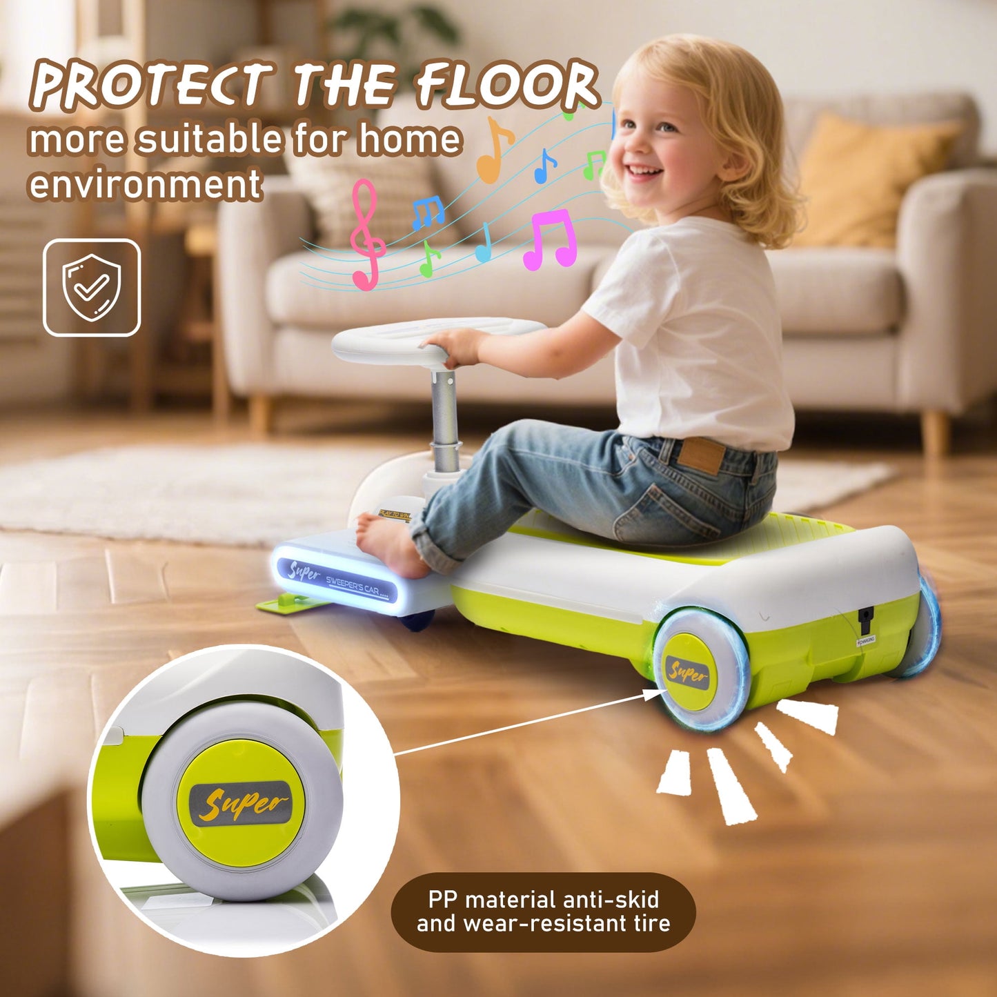 Track Seven 12V Ride on Car, Kids Electric Go Kart with LED Lights, Music, Adjustable Length, Portable Go Kart with Detachable Mopping Kit, Electric Car for Kids Toddlers Age 3+, Green