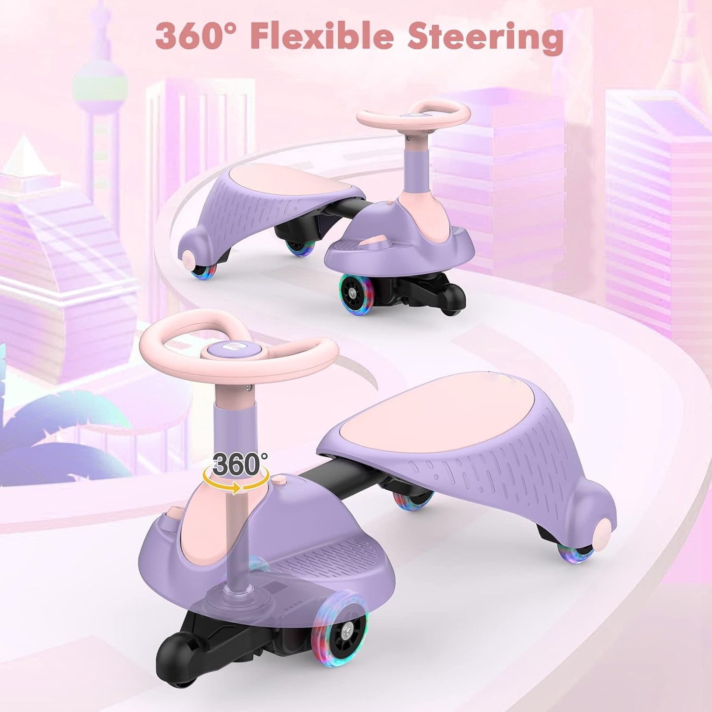 Track Seven 6V Electric Wiggle Car, 2 in 1 Electric Swing Car with Pedal, Flashing Wheels, Bluetooth, 360°, Retractable, Anti-Rollover, Max Speed 3.11mph, Ride on Toy Car for Kids Age 3+, Purple
