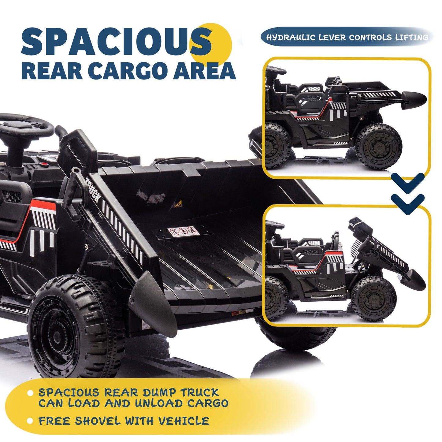 Track Seven 24V Ride on Car, 2-Seater Kids Ride on Dump Truck with E-Rear Dump, Remote, Bluetooth, LED Lights, 19.69" Width Seat, Max 5mph, 400W Motor, Electric Car for Boys Girls Age 3+, Black
