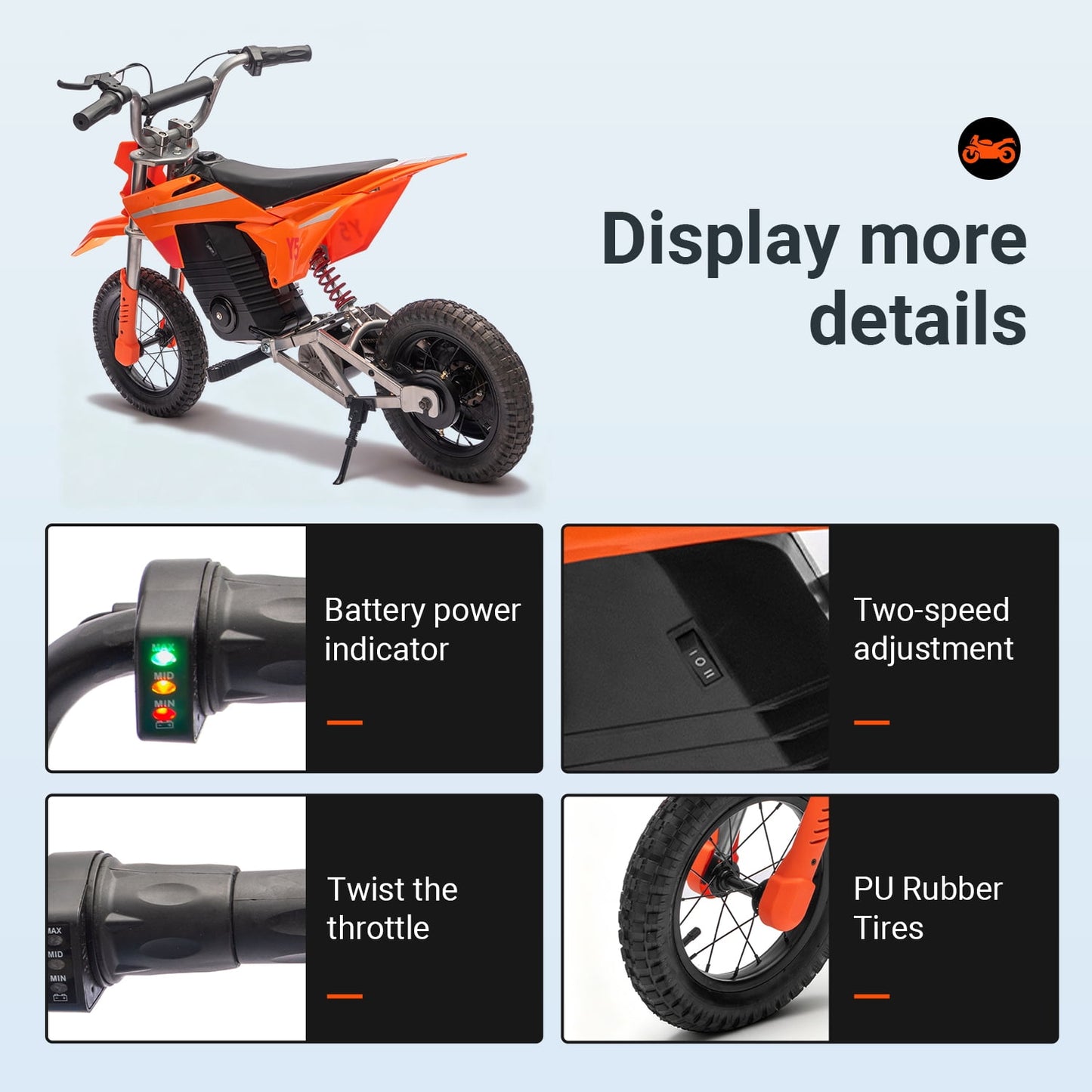 Track Seven 24V Electric Dirt Bike, 250W Ride on Motorcycle, 3 Speed Up-to 9.3 mph, Battery Display, Rear Suspension, Disc Brake, Bluetooth, LED Light, Electric Motocross Bike for Kids Age 8+, Orange