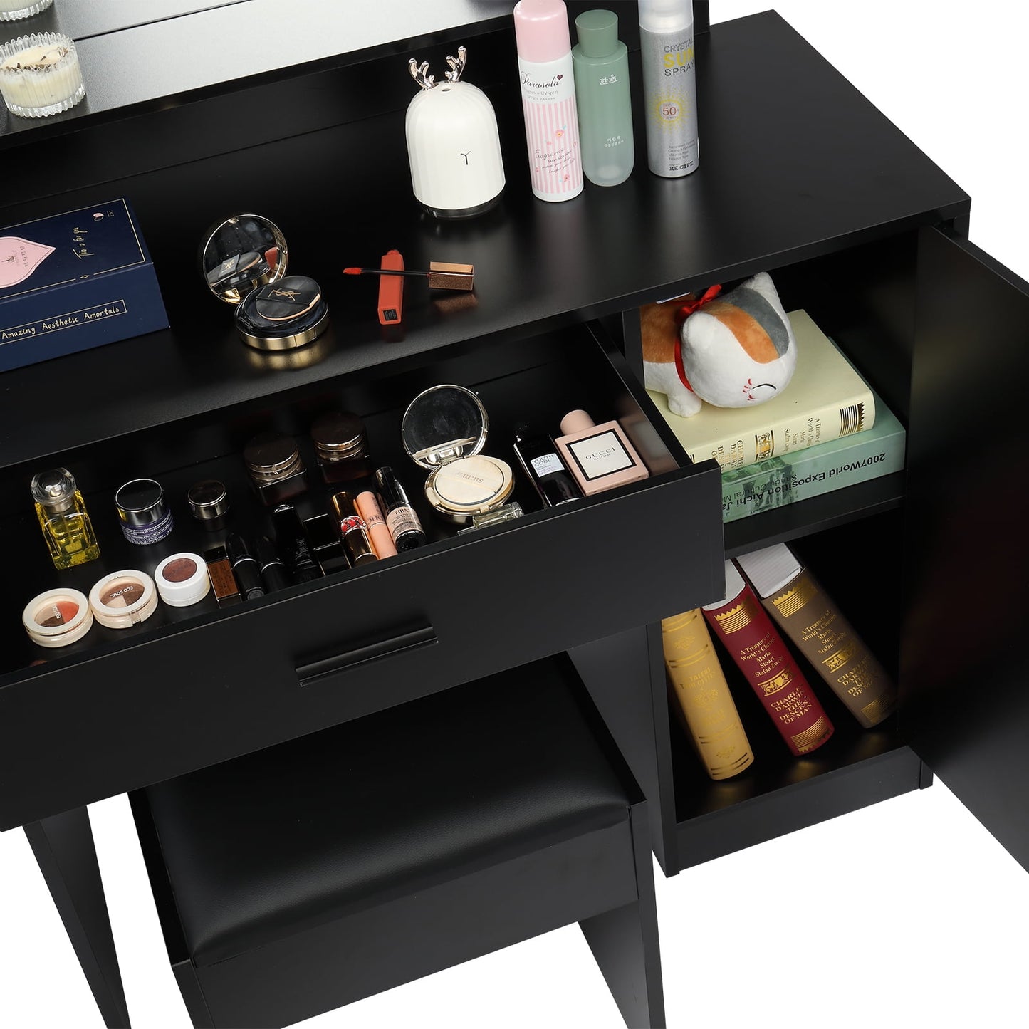 COOKCOK Vanity Set with Lighted Mirror, 10 LED Bulbs Vanity Dressing Table with 3 Storage Shelves 1 Drawer 1 Cabinet, Makeup Table with Cushioned Stool, Black