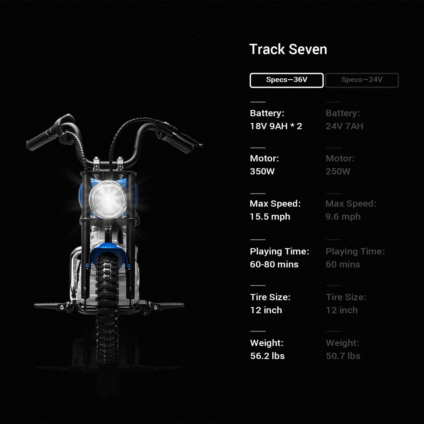 Track Seven 36V Electric Dirt Bike for kids, 350W Ride on Motorcycle with Twist Grip Throttle, Hand-Operated Brakes, Key Start, Off-Road Motocross Speed Up to 15 MPH, Age 8+, Blue
