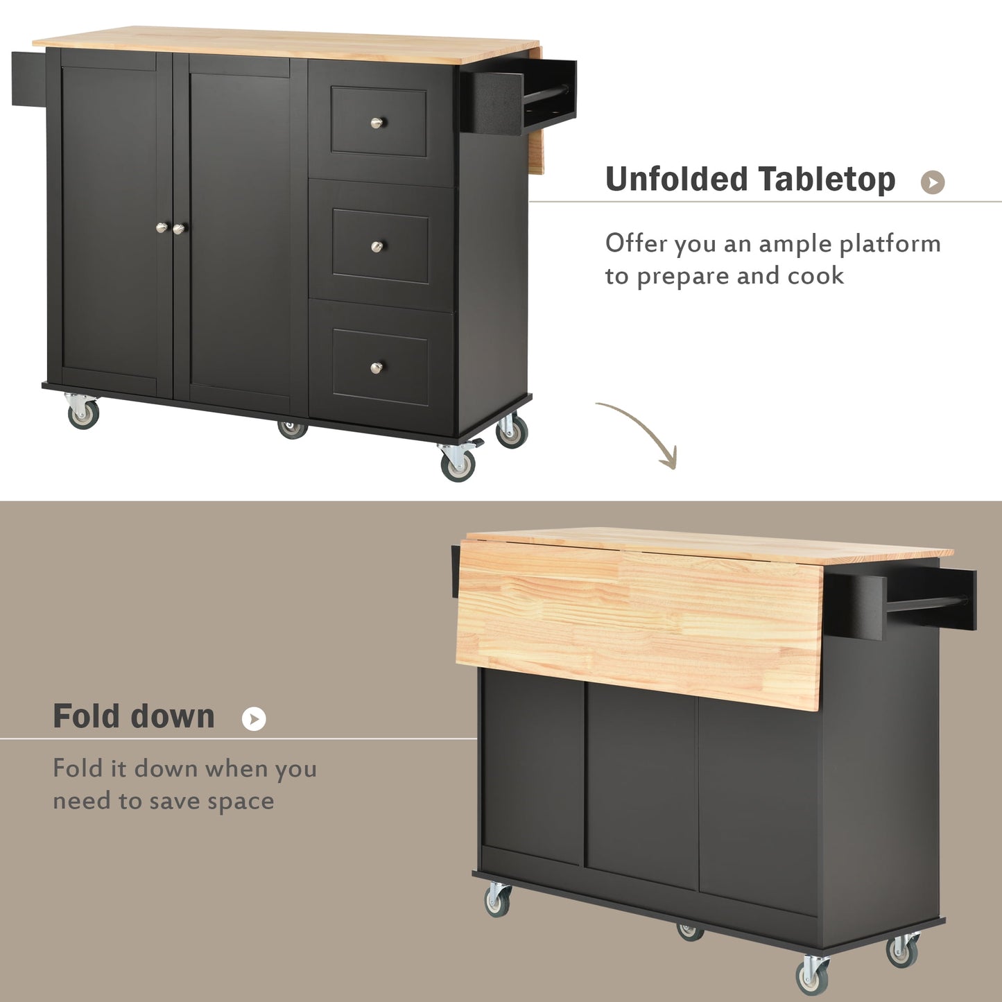 COOKCOK Mobile Kitchen Island Cart, Kitchen Cart with Wood Top and Drop Leaf Breakfast Bar, Rolling 52.7" Mobile Kitchen Island with Storage and Towel Rack, Drawers, Black